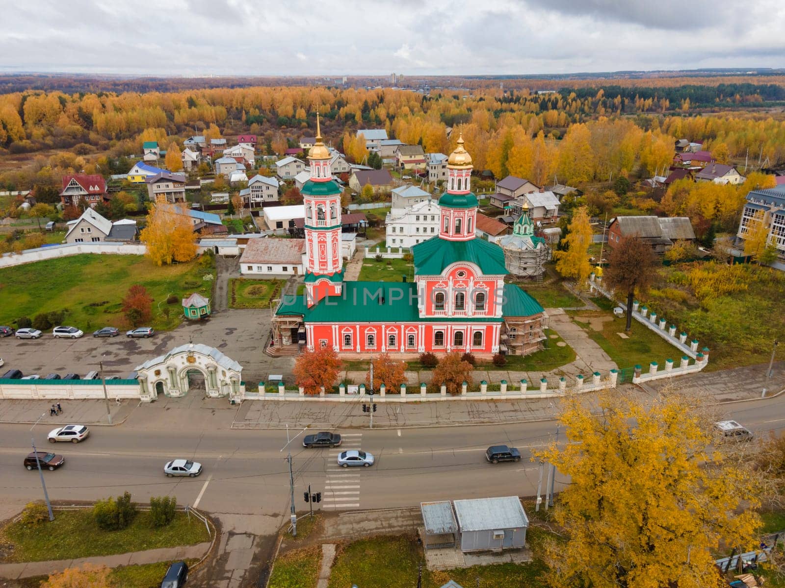 Aerial view of Church of the Holy Trinity, Kirov, Russia in sunny autumn day