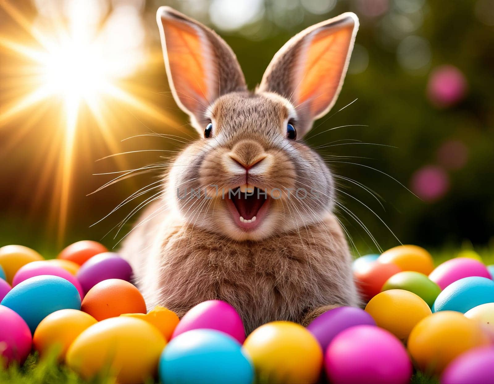 Image of a joyful bunny surrounded by vibrant Easter eggs in a grassy field. AI generated.