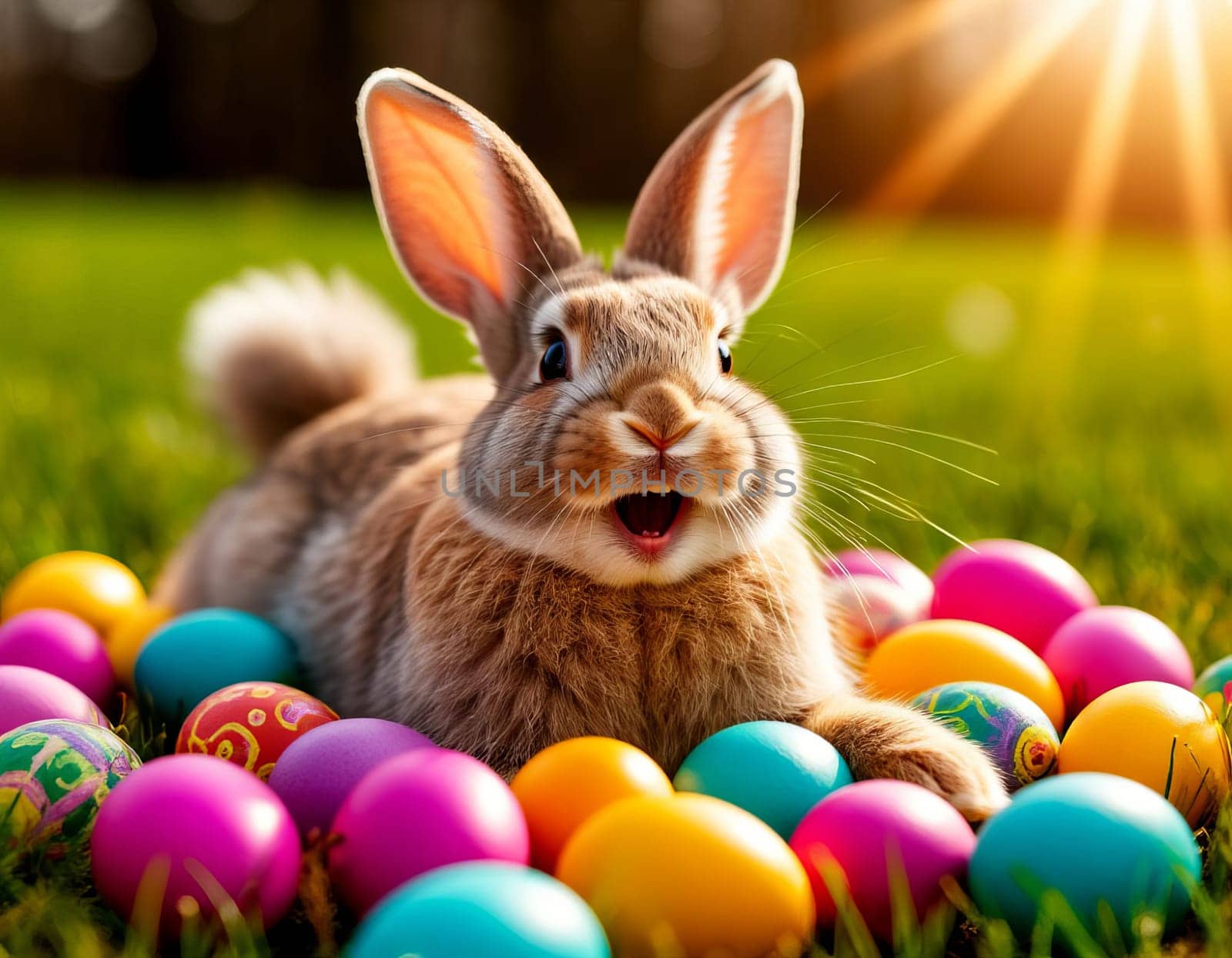 Image of a joyful bunny surrounded by vibrant Easter eggs in a grassy field. AI generated.
