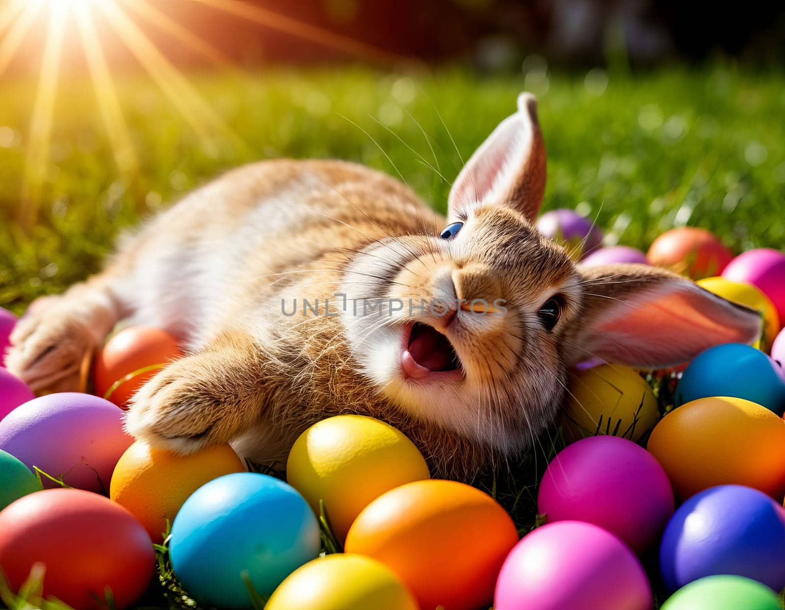 Image of a joyful bunny surrounded by vibrant Easter eggs in a grassy field. AI generated.
