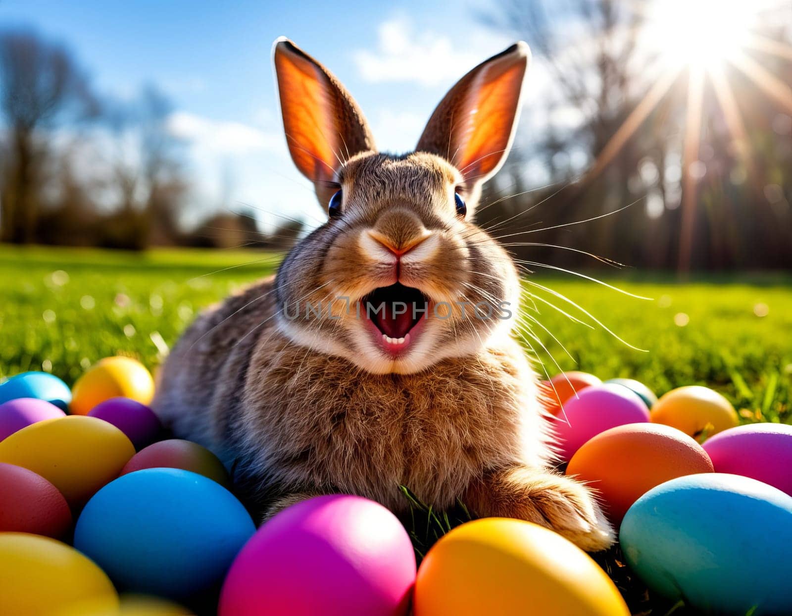 Image of a joyful bunny surrounded by vibrant Easter eggs in a grassy field. AI generated.