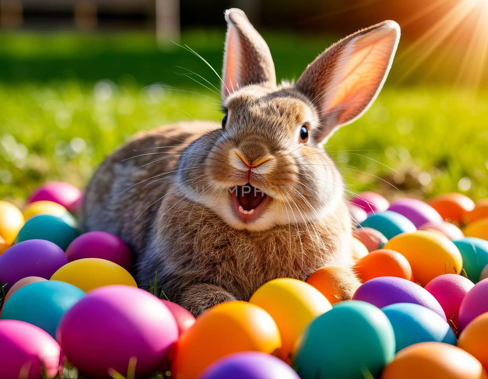 Image of a joyful bunny surrounded by vibrant Easter eggs in a grassy field. AI generated.