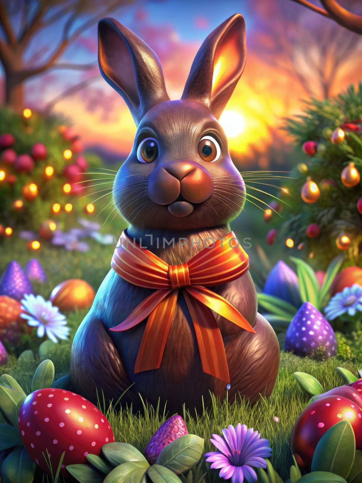 A chocolate bunny sits proudly in a lush garden filled with vibrant Easter eggs and blooming flowers. A warm sunset casts a magical glow over the festive scene, making it inviting and delightful.