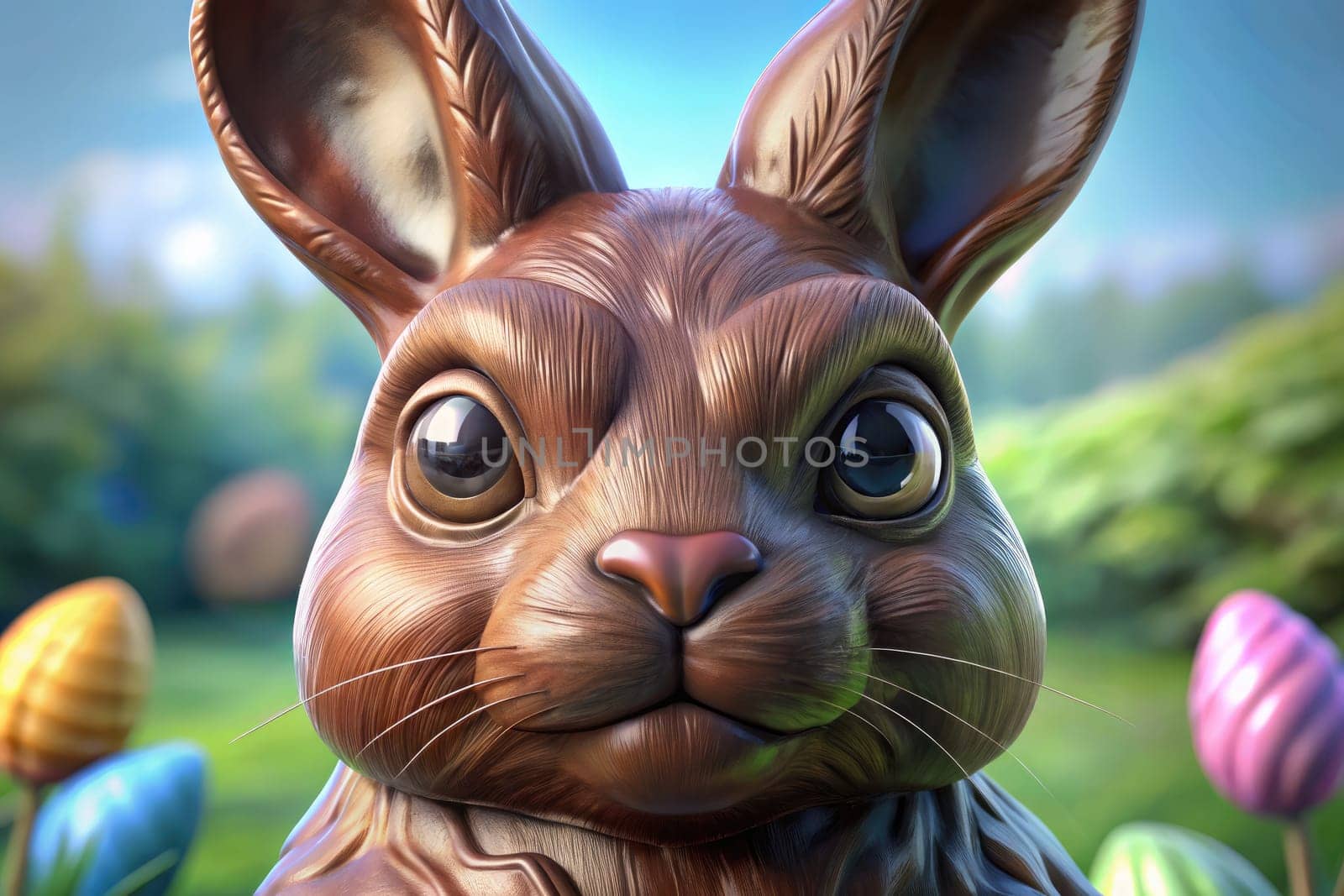 A lifelike chocolate Easter Bunny looks out from a sunny garden filled with multi colored eggs. The cheerful atmosphere embodies the spirit of springtime and festive celebrations.