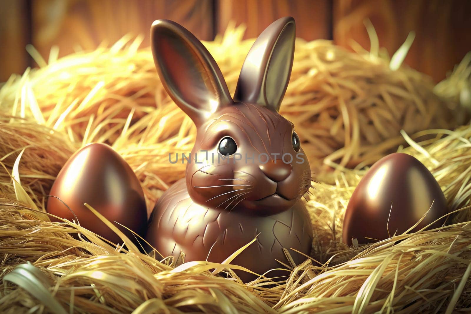 A chocolate bunny sits proudly in a bed of straw, flanked by shiny chocolate eggs. This festive scene captures the essence of Easter celebrations, bringing joy and sweetness to the occasion.
