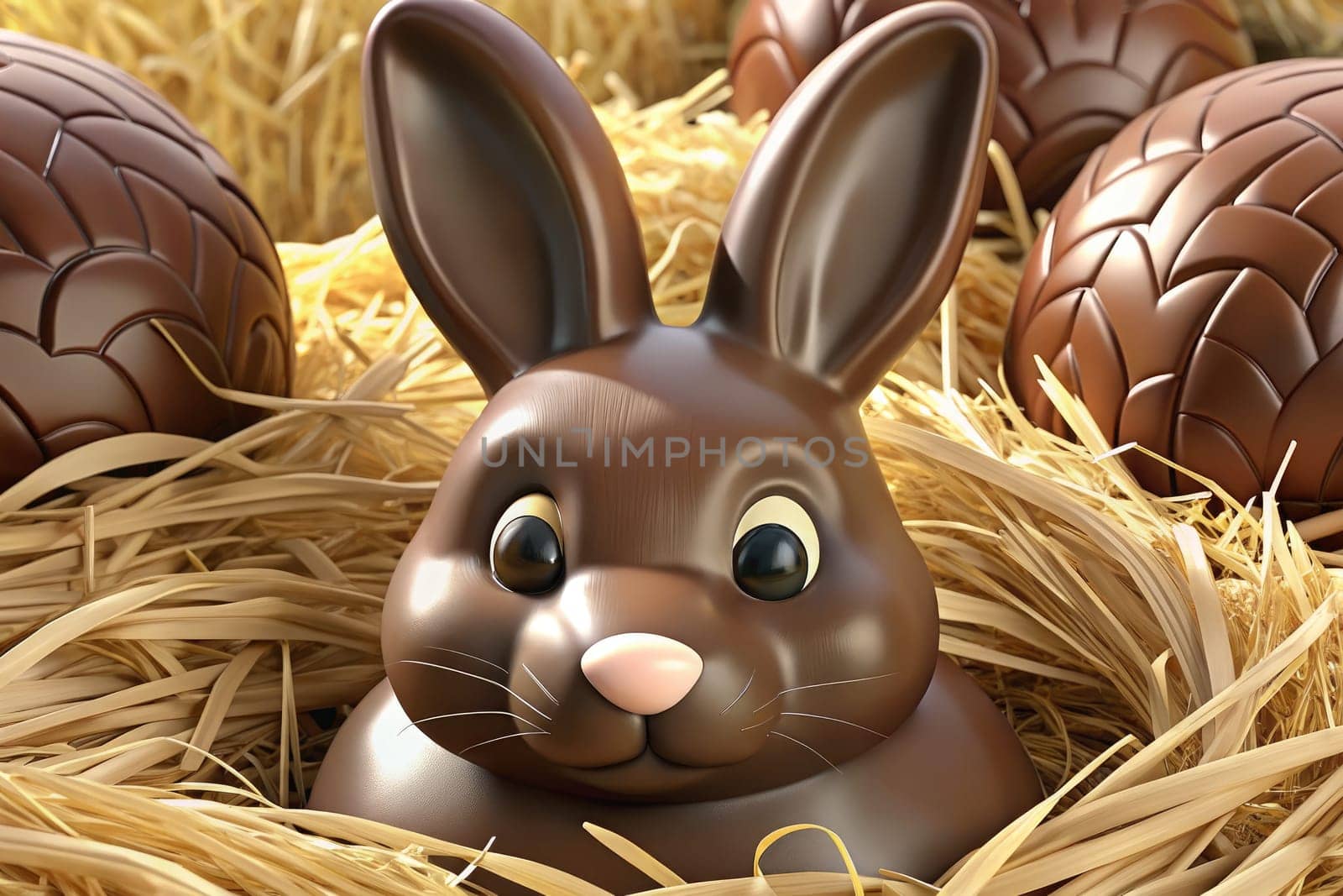 A chocolate Easter bunny is placed in a bed of straw, surrounded by glossy chocolate eggs. This delightful setup symbolizes spring celebration and festive joy, perfect for holiday treats.