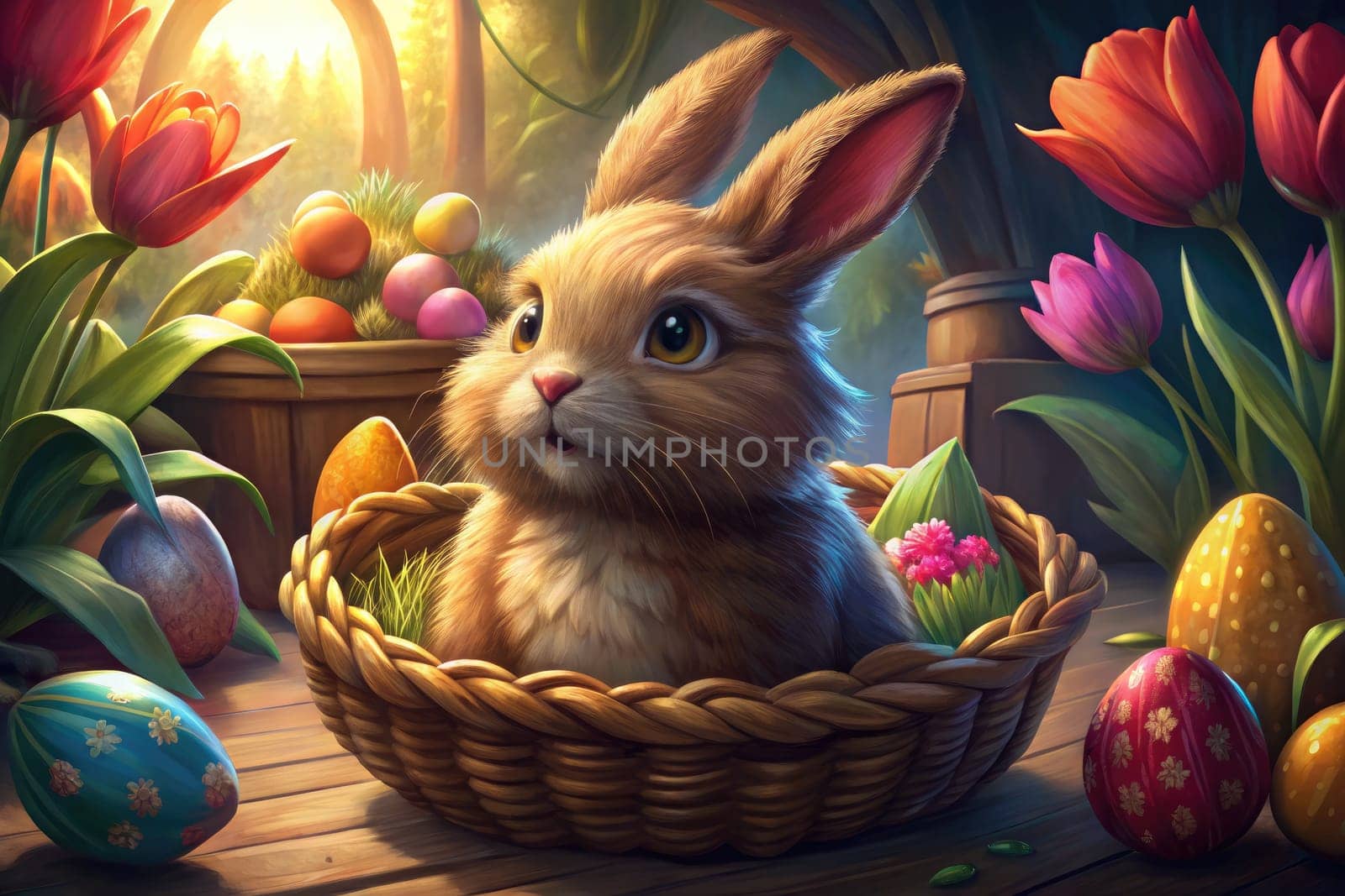 A charming Easter scene shows a fluffy bunny in a basket among colorful Easter eggs and vibrant tulips.