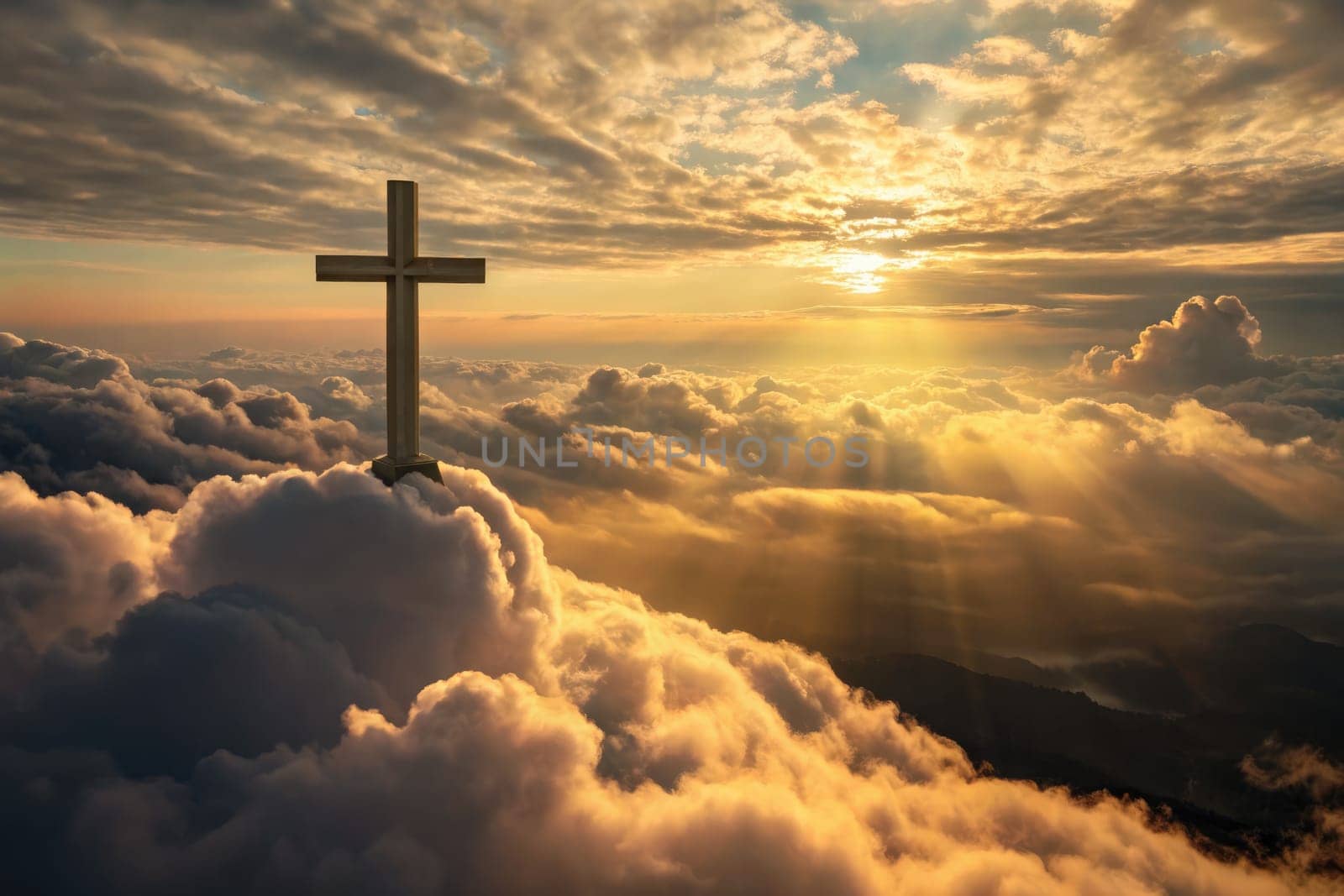 A wooden cross stands majestically above soft clouds as golden sunlight filters through, creating an inspiring atmosphere. This uplifting moment embodies the essence of faith and beliefs.