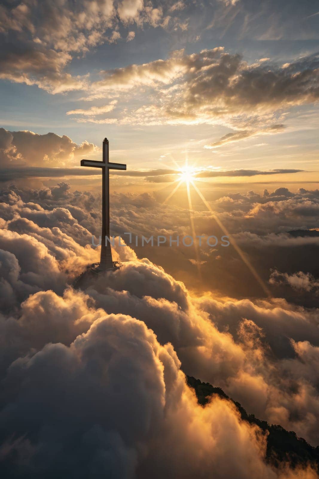A tall cross emerges from thick clouds as the sun sets on the horizon, casting warm light over the landscape. This serene moment represents the connection between spirituality and nature.