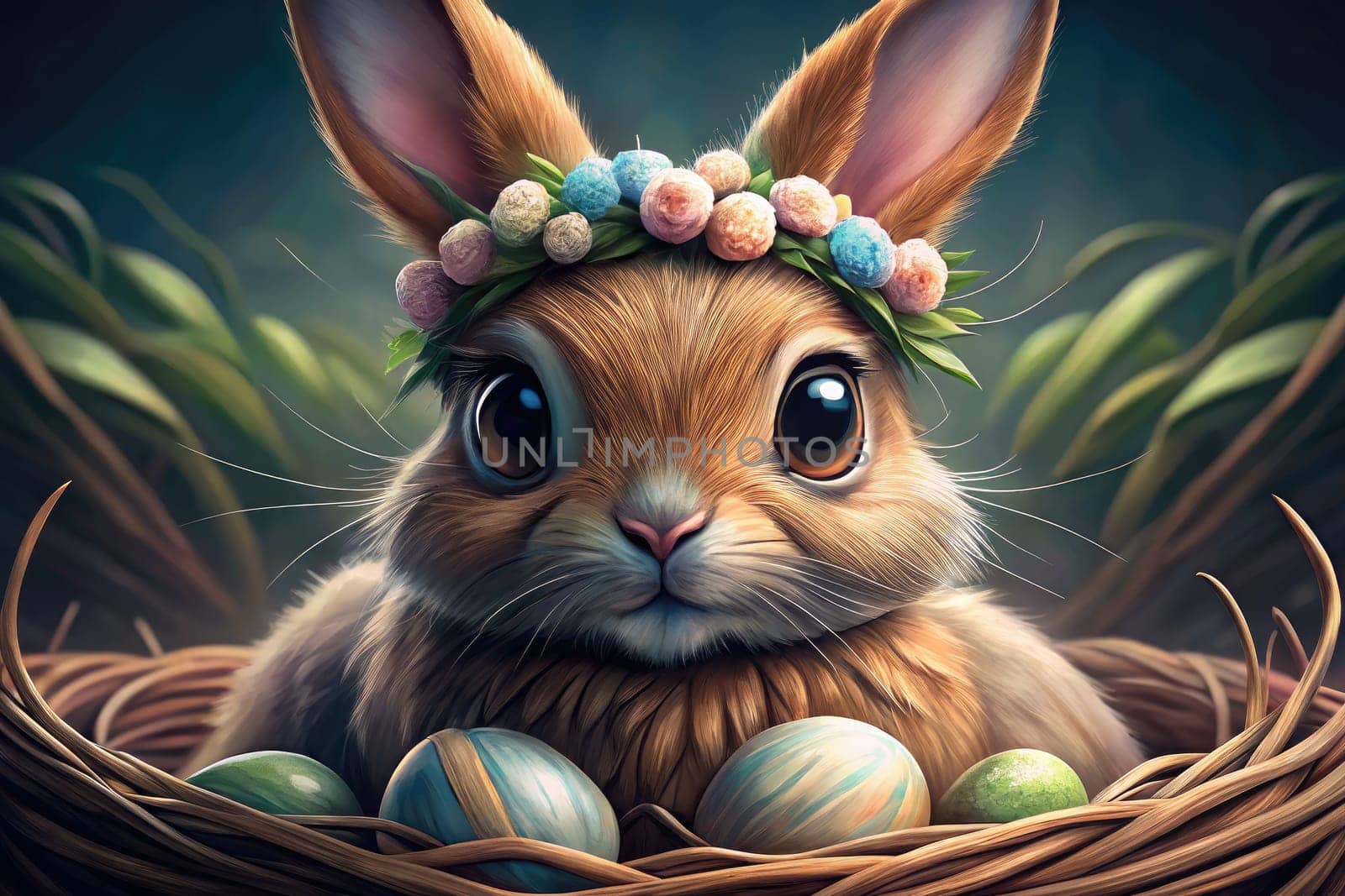 A charming Easter bunny with a flower crown sits nestled in a woven nest filled with colorful, decorated eggs, surrounded by soft greenery.