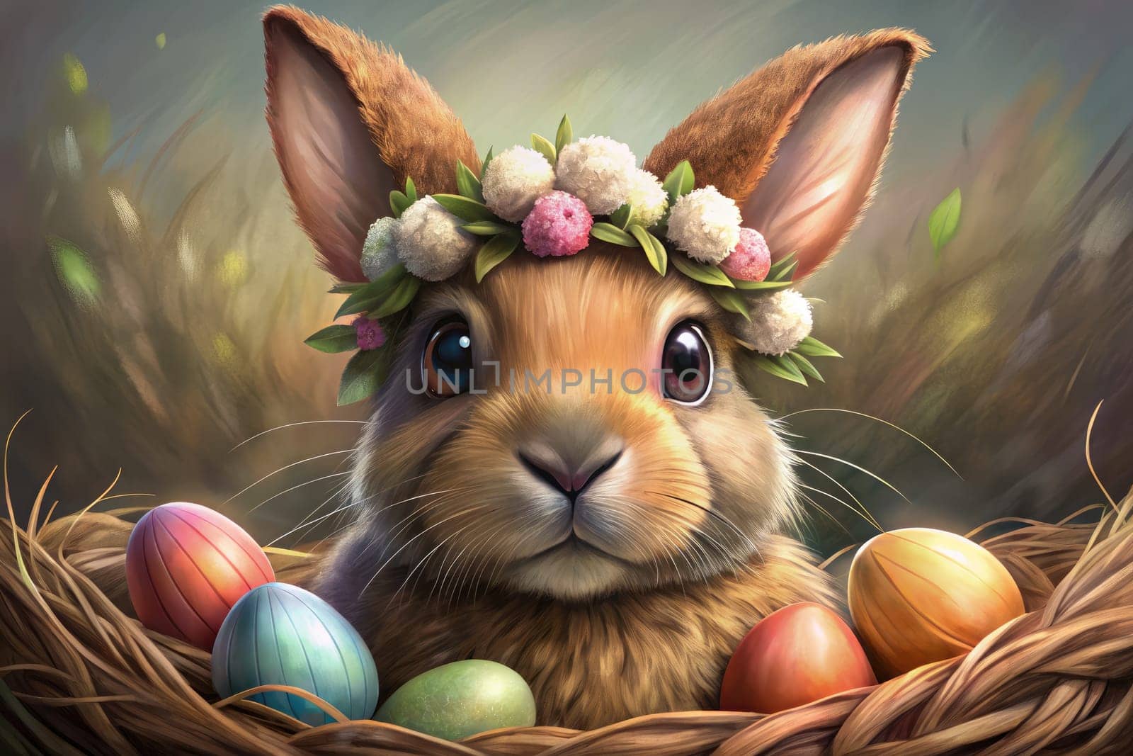 A cute bunny with a flower crown sits in a nest surrounded by colorful Easter eggs, perfect for spring and holiday themes.