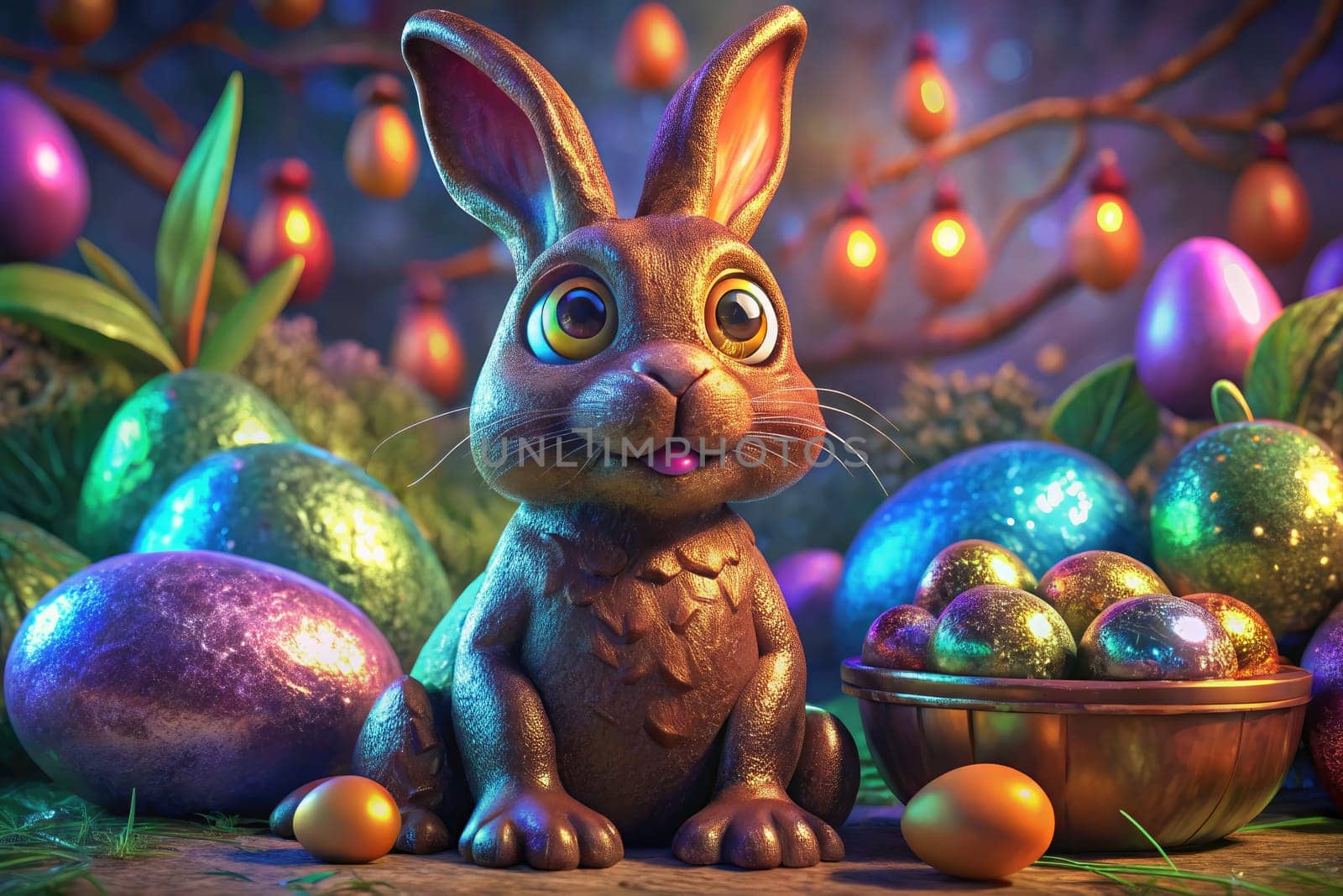 A delightful chocolate Easter Bunny sits among vibrant, colorful eggs in a lively spring atmosphere.