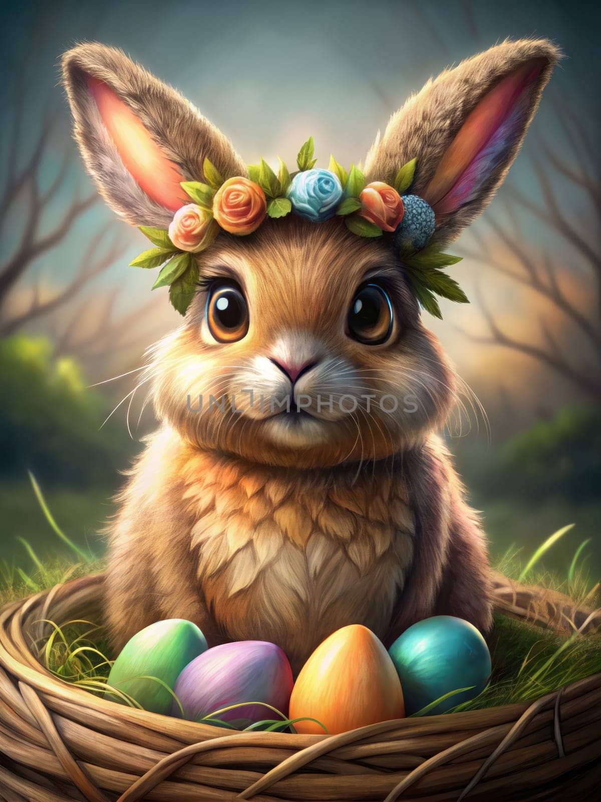 A cute bunny wearing a flower crown sits sweetly in a nest filled with colorful Easter eggs ready for the holiday.