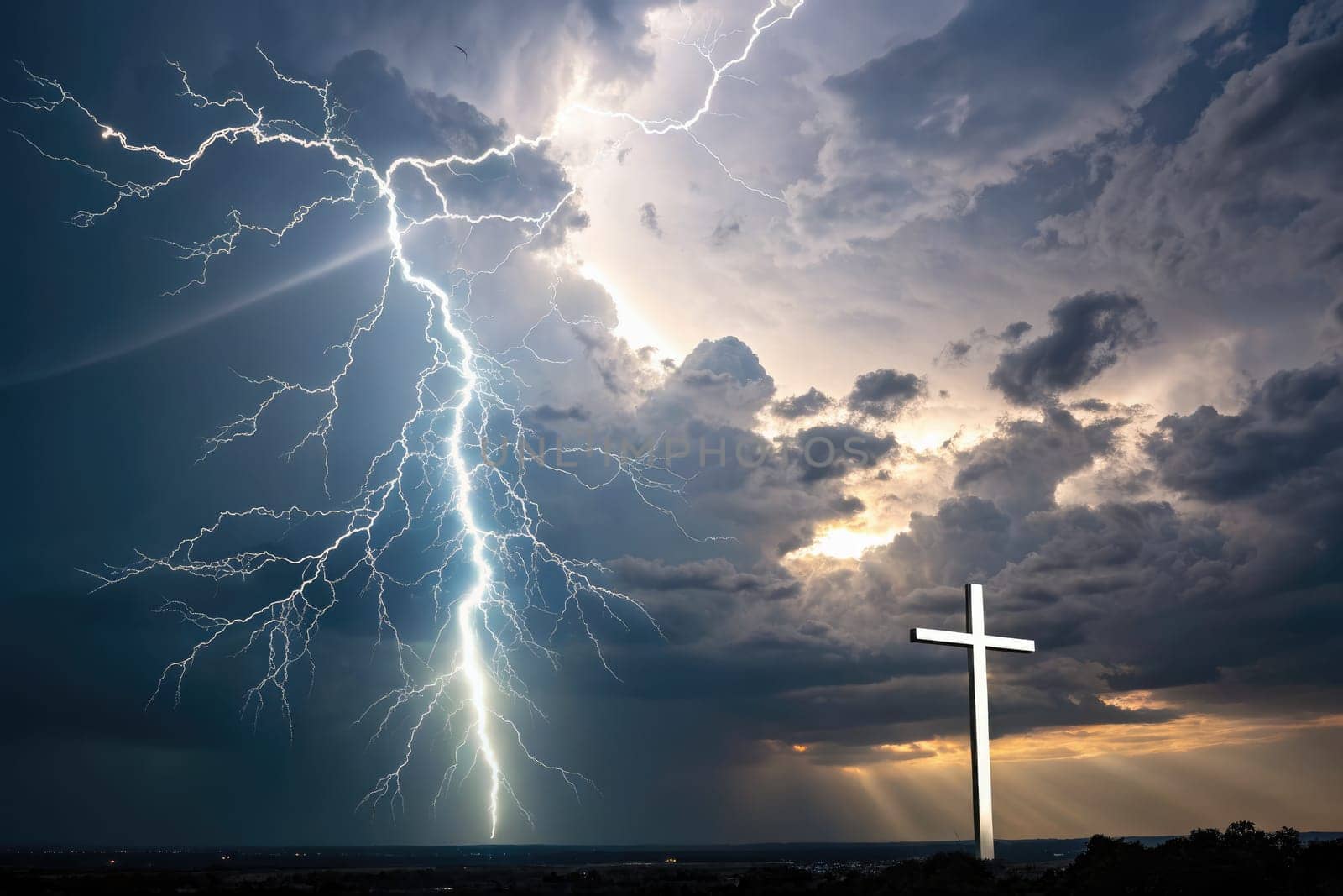 A bright cross stands tall amidst dark storm clouds as lightning strikes illuminate the surroundings. The turbulent weather creates a stark contrast, enhancing the religious symbols significance.
