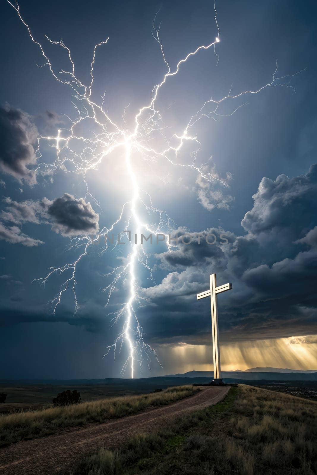 A large cross stands on a path as a powerful lightning bolt strikes nearby, creating a striking contrast against dark storm clouds. The atmosphere is intense with rain in the distance.