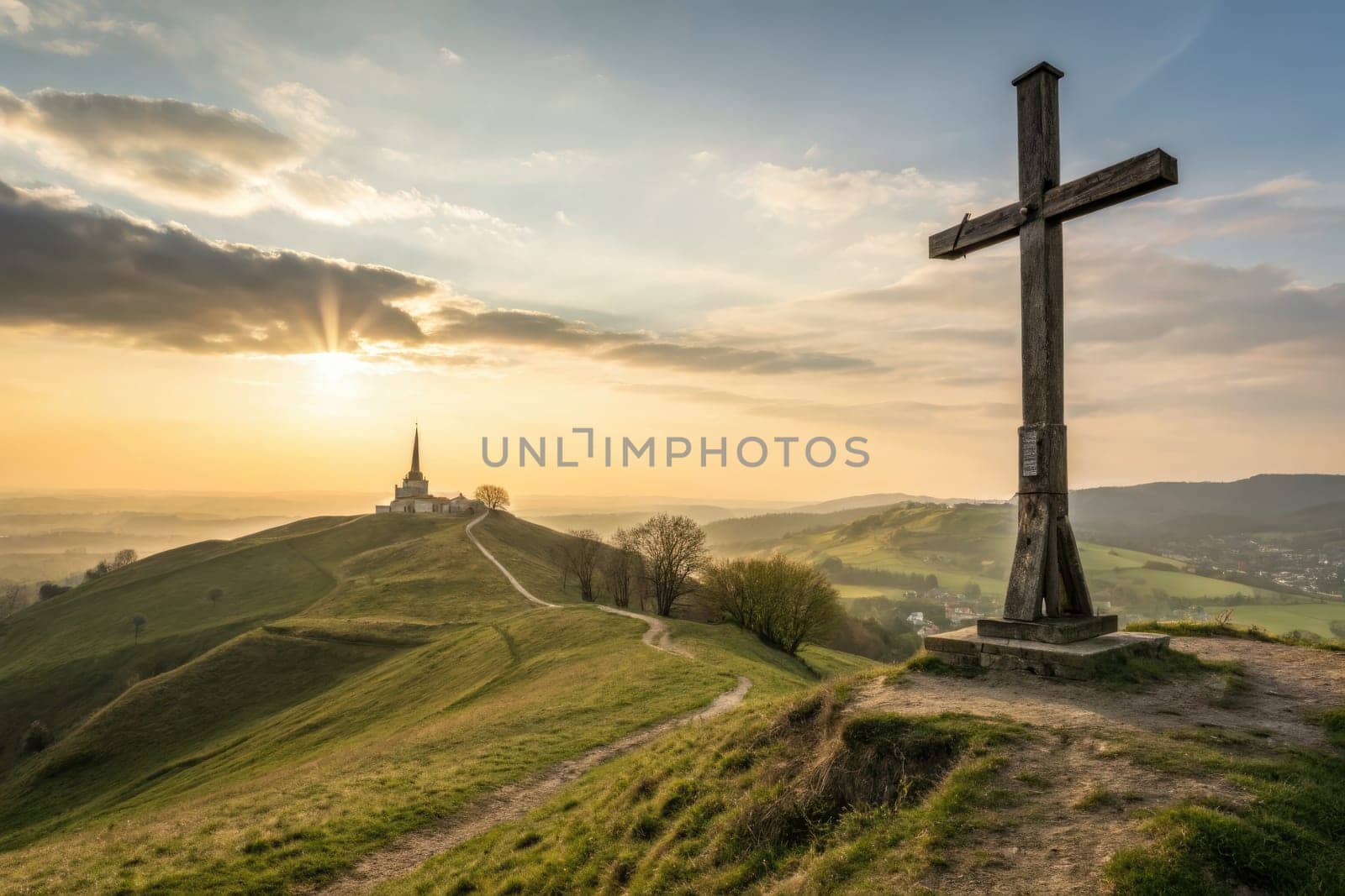 A wooden cross stands prominently on a hill as the sun sets behind the distant church. The peaceful landscape features rolling hills and a winding path under a dramatic sky.