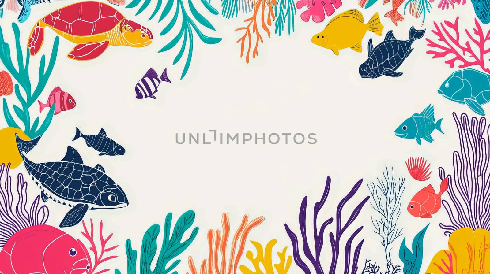 Bright color picture of underwater world with turtle and fish for kids. Ai art
