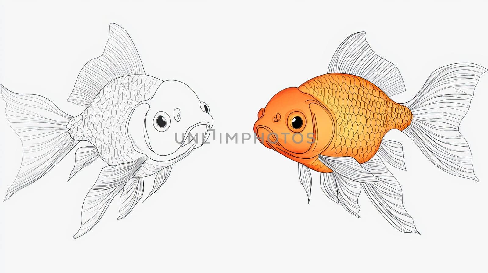 Outline of a goldfish and a painted fish for coloring book. Ai art
