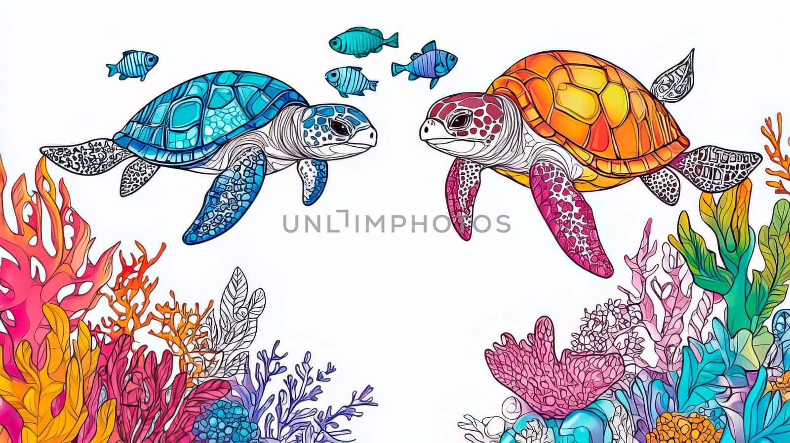 Bright color picture of underwater world with two turtles for kids. Ai art
