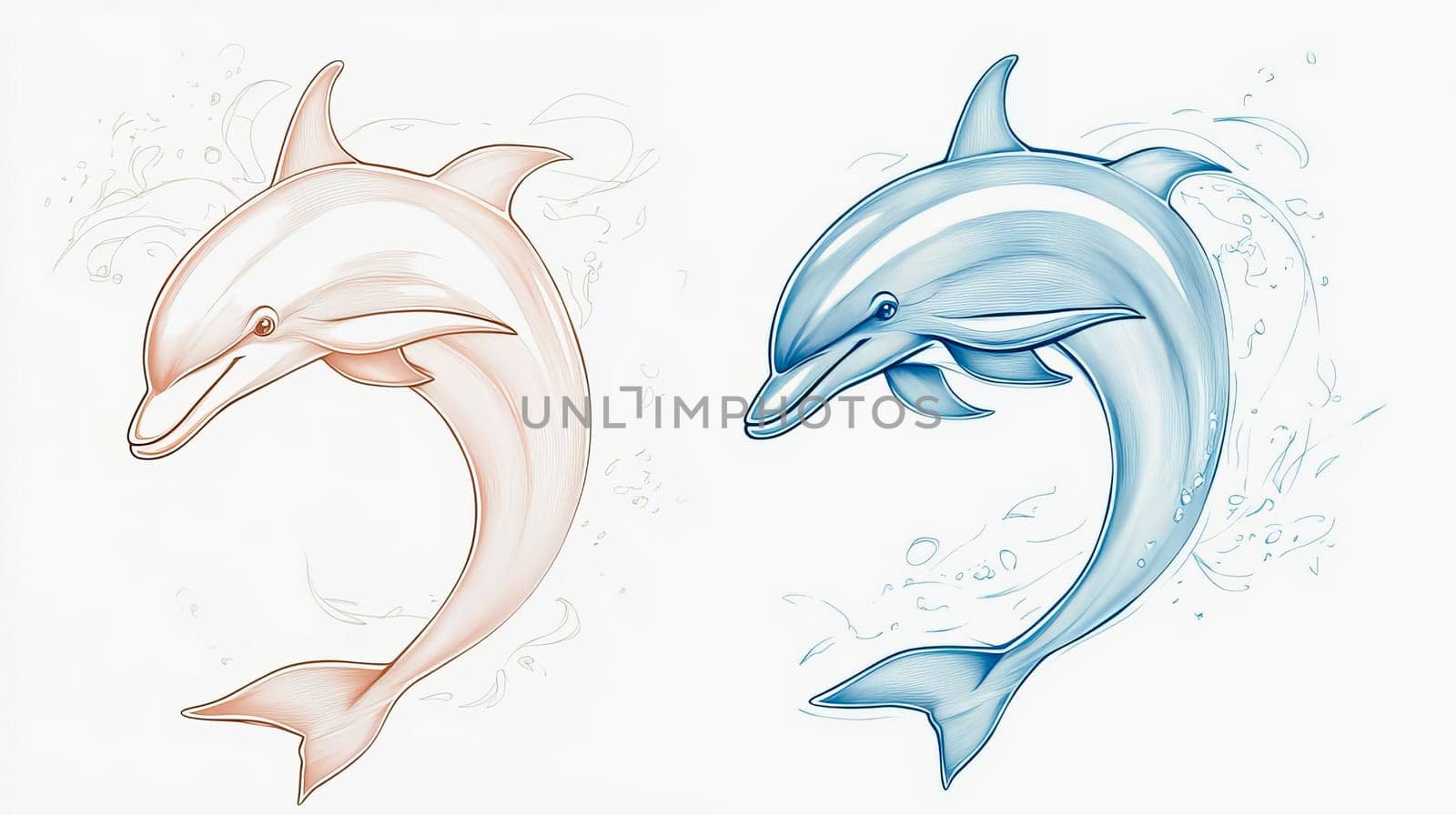 two cute dolphins on a white background. Ai art