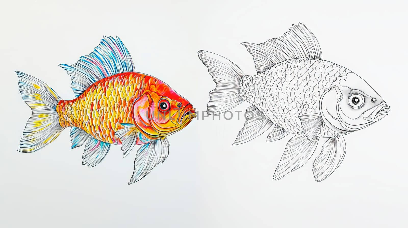Outline of a goldfish and a painted fish for coloring book. Ai art