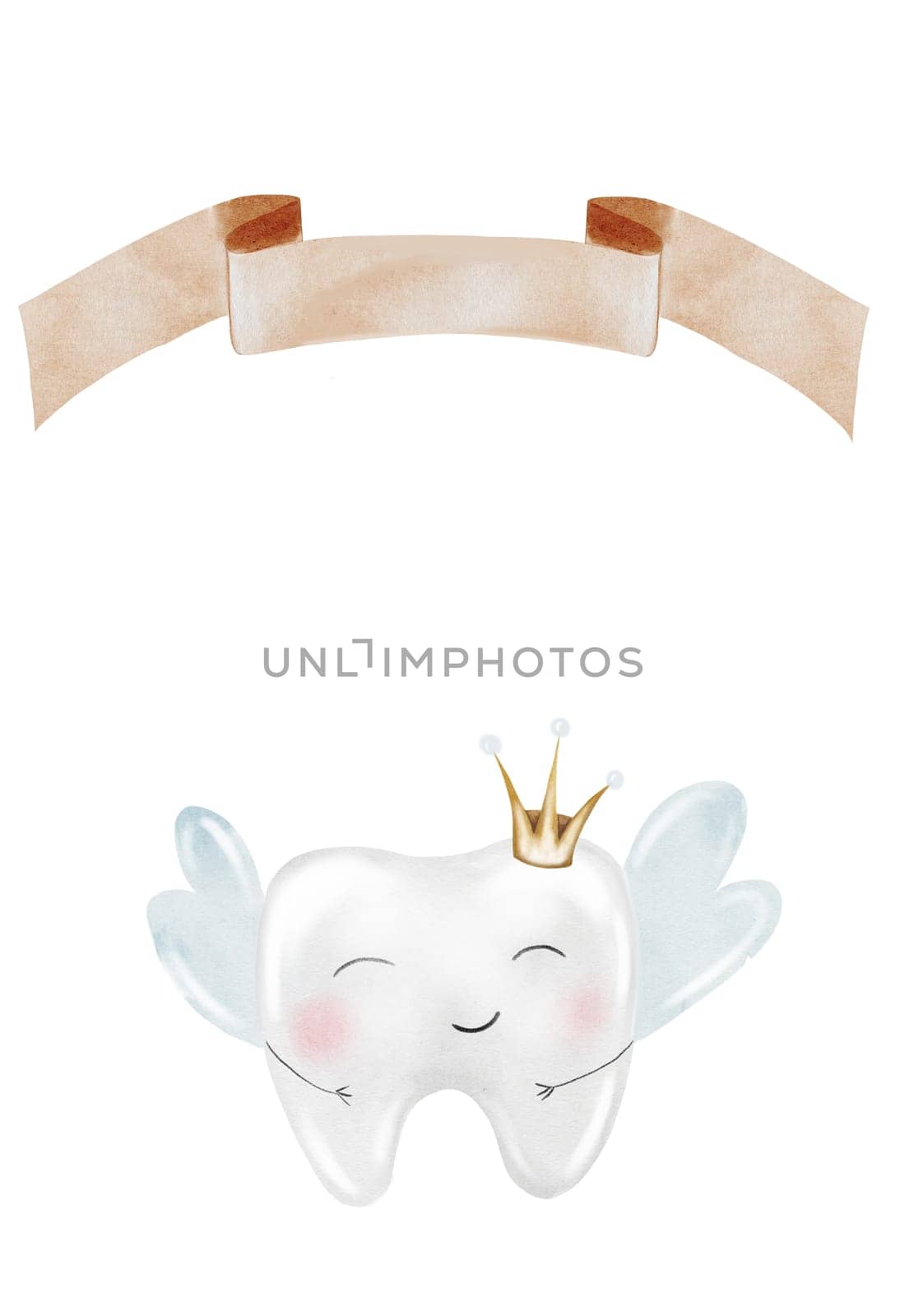 Baby tooth watercolor card. Cute cartoon molar with crown and a sign for the inscription on isolated white background. Dental clip art. Ideal for cards and invitations to the party baby's first tooth, posters in the doctor's office. High quality illustration