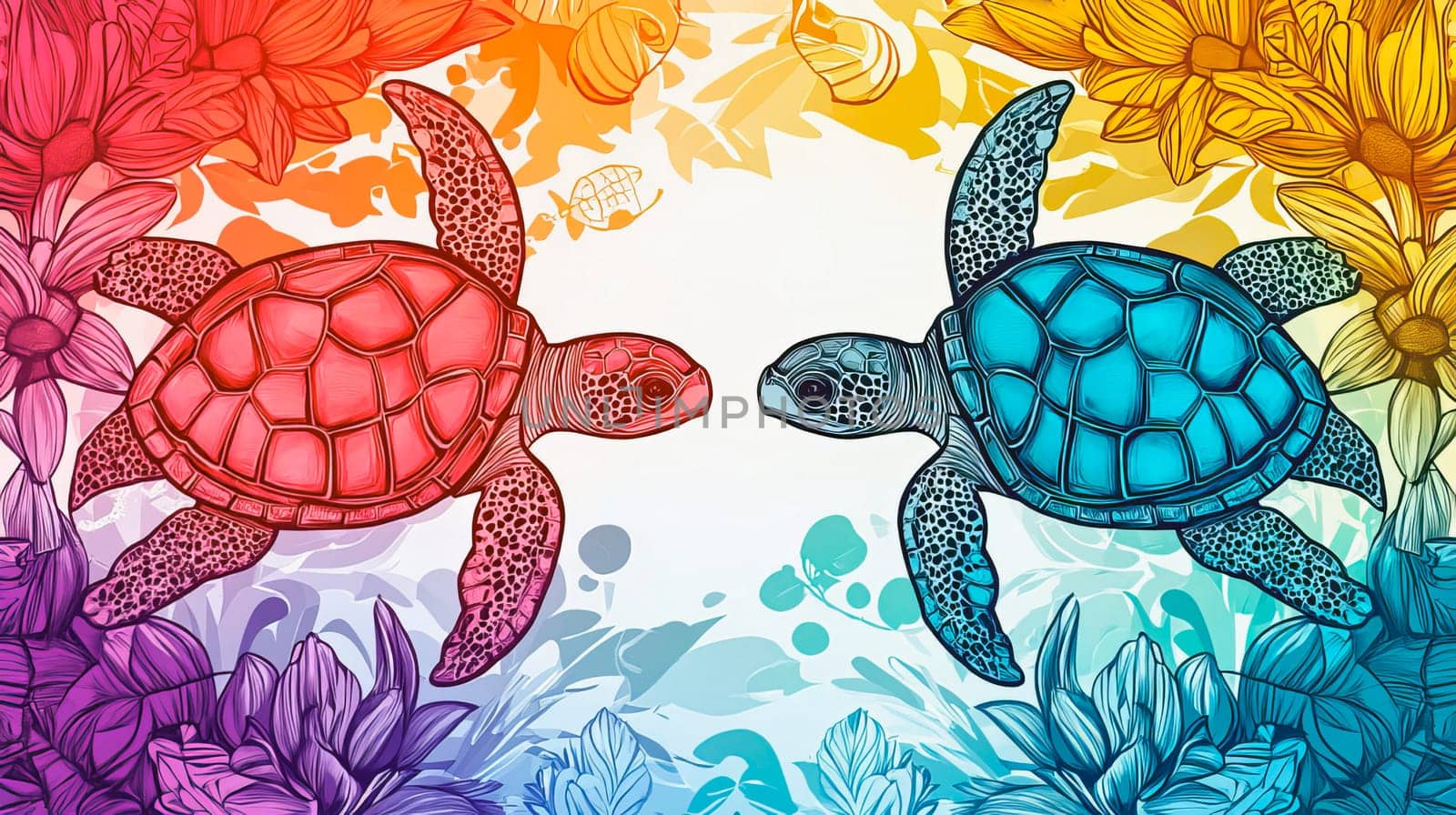 Bright color picture of underwater world with two turtles for kids. Ai art