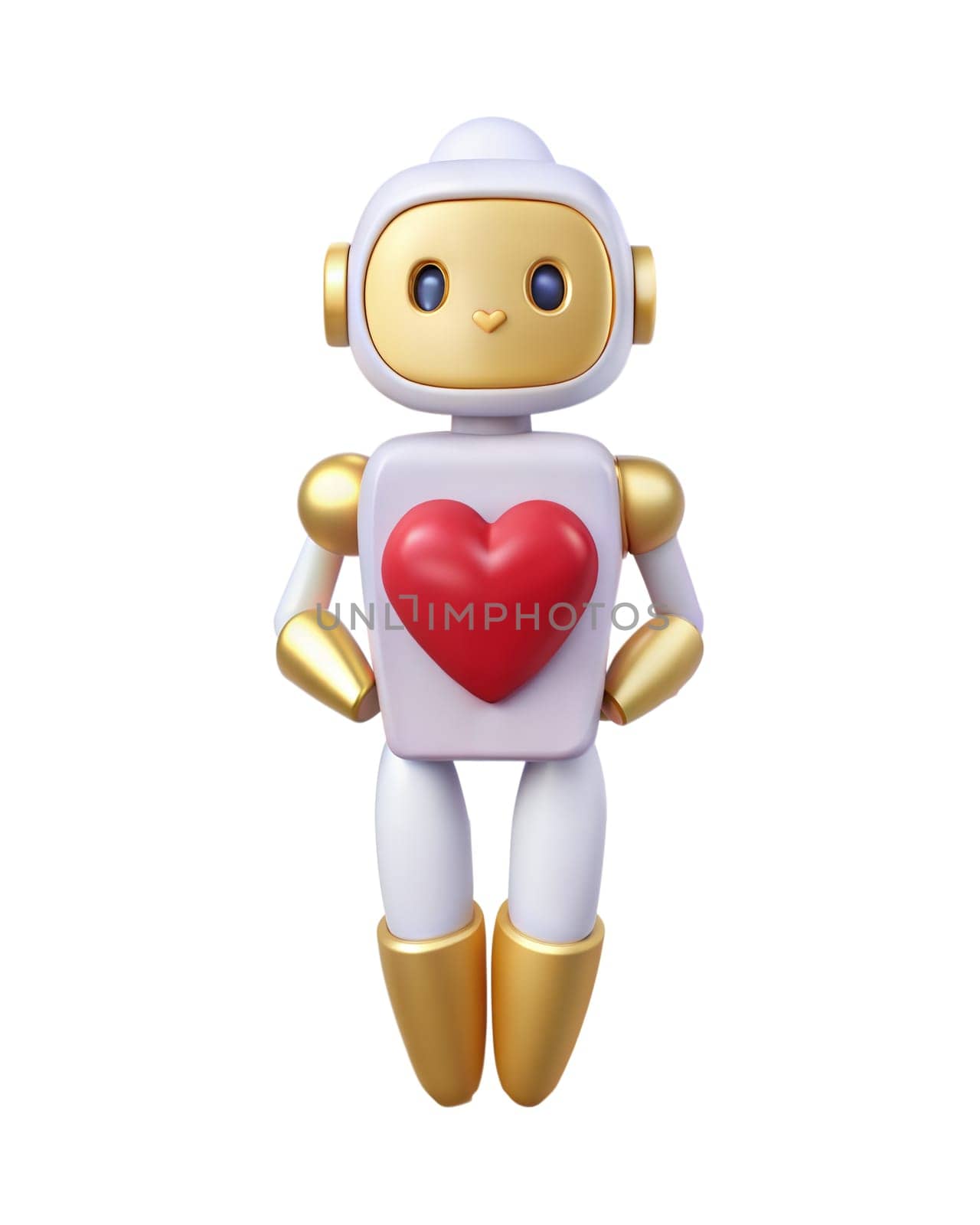 A 3D futuristic robot with a heart symbol on its chest, isolated on white background. Ideal for love, technology, and character-themed projects.