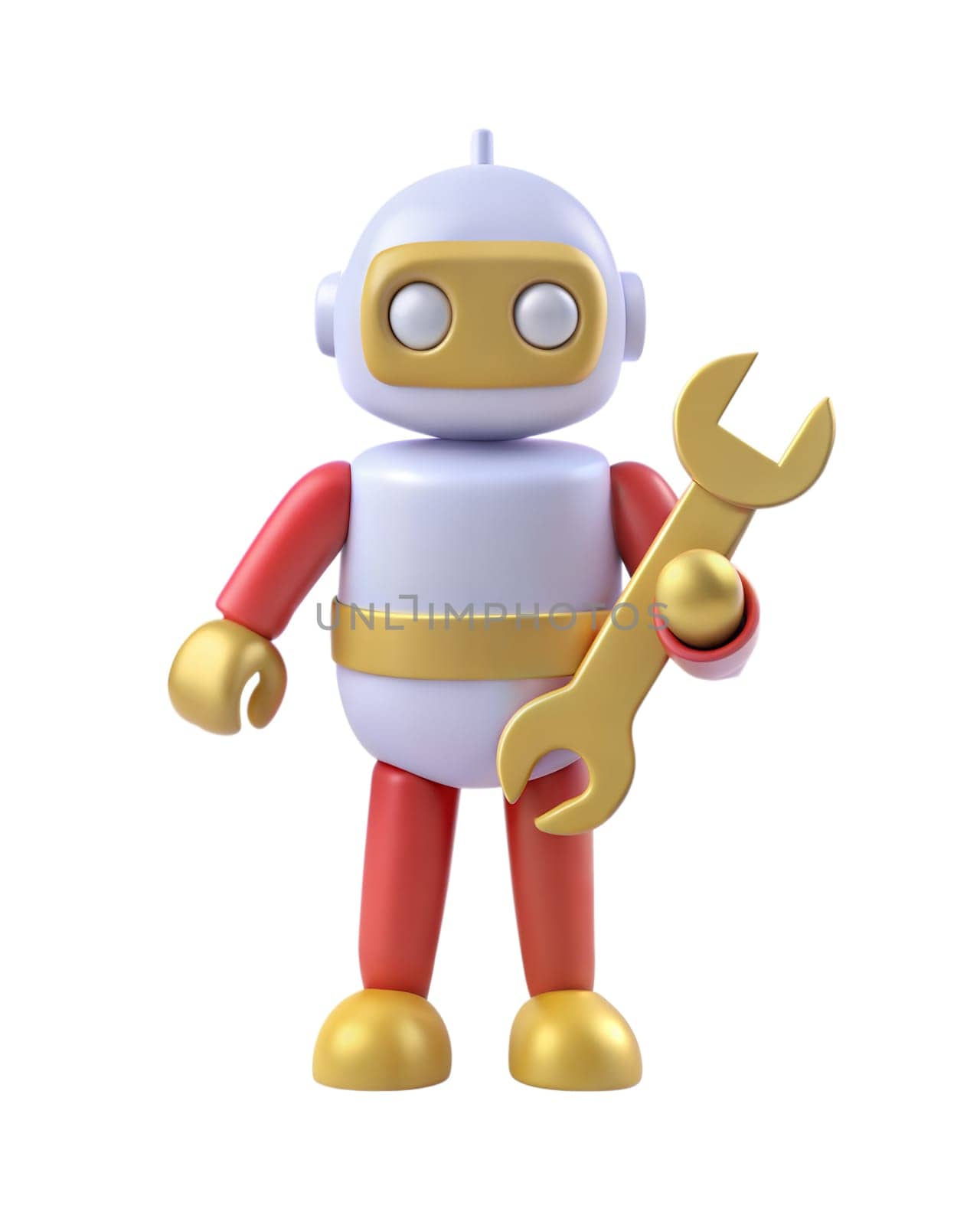 A 3D futuristic robot holding a wrench, isolated on a white background. Perfect for illustrating repair, tech, or mechanical themes.