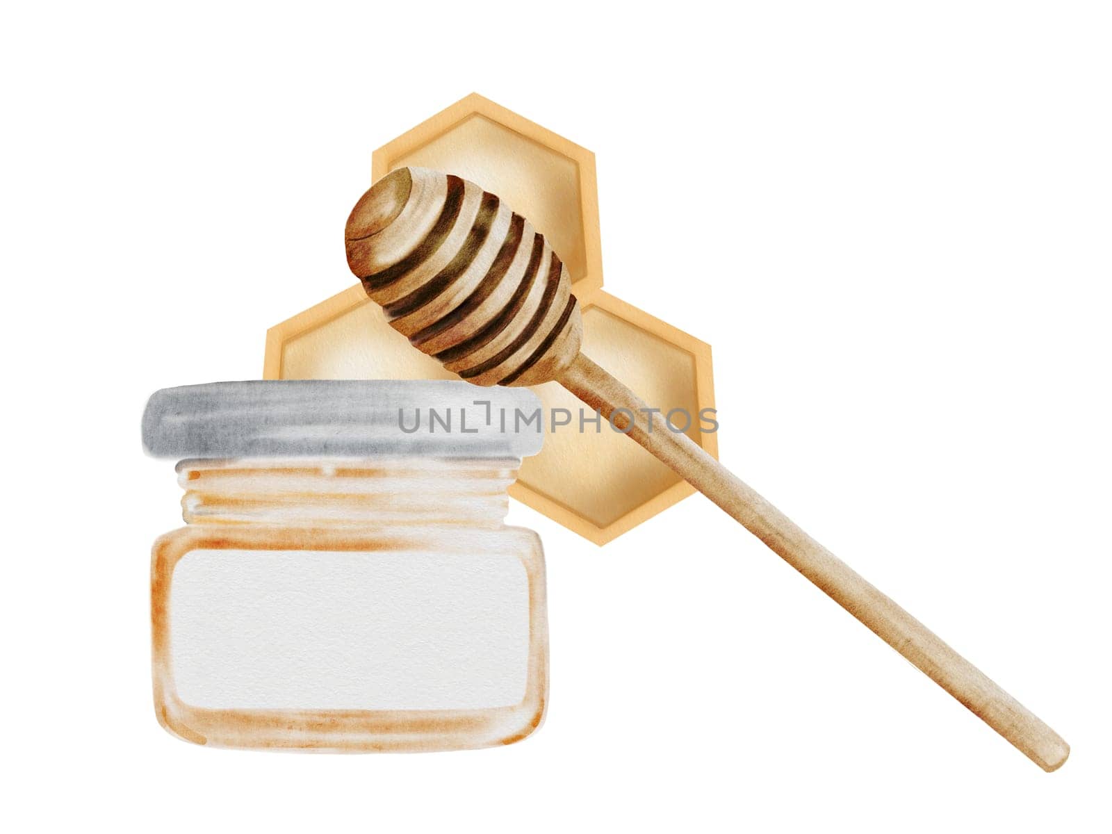 Honey jar with wooden stick watercolor. Hand drawn canned sweet bee product. Food clip art. Ideal for farm products and natural cosmetics packaging. High quality illustration