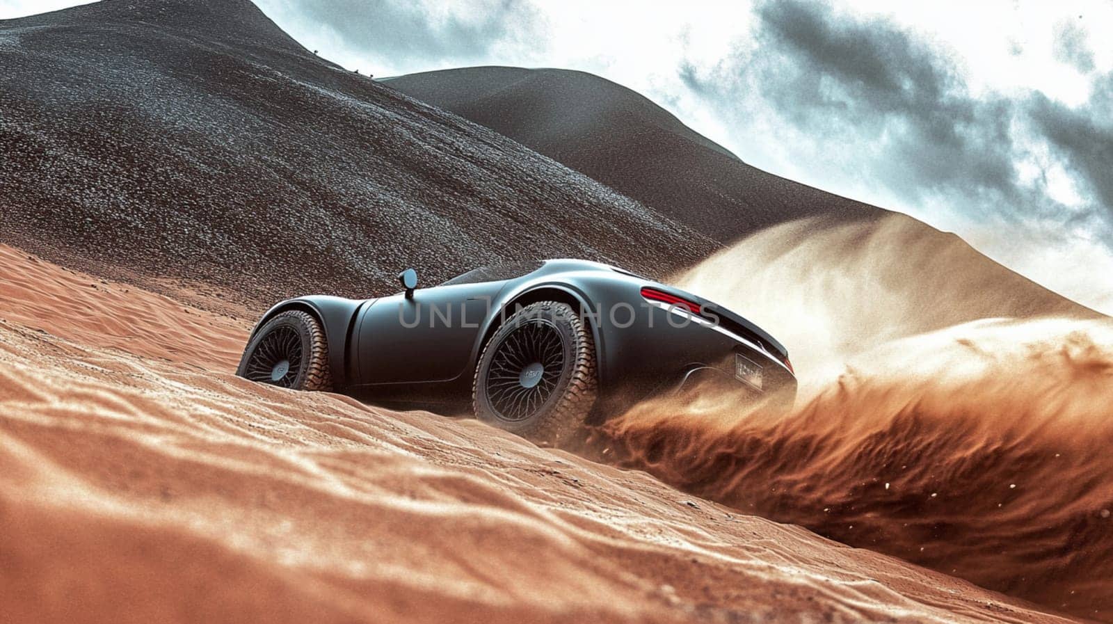 Sleek black sports car speeds through a vast desert landscape, kicking up dust clouds under the sunny sky
