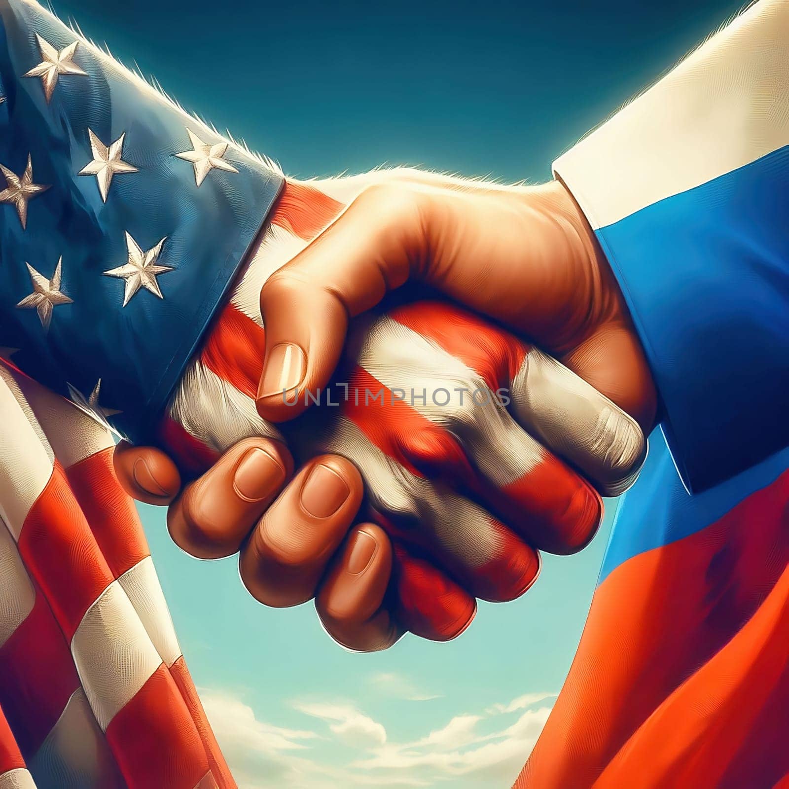 Symbolic handshake between the USA and Russia, with flags on their hands. An expression of diplomacy, cooperation or geopolitical tension.