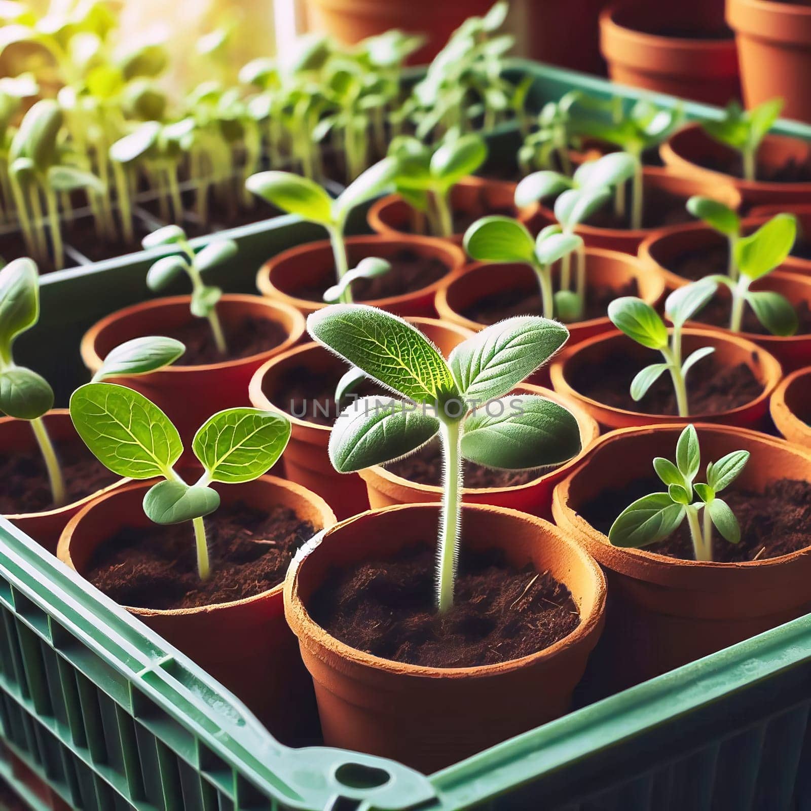 Young seedlings in terracotta pots, carefully arranged in a box. Fresh greenery under warm light - ideal for garden lovers and nature enthusiasts.