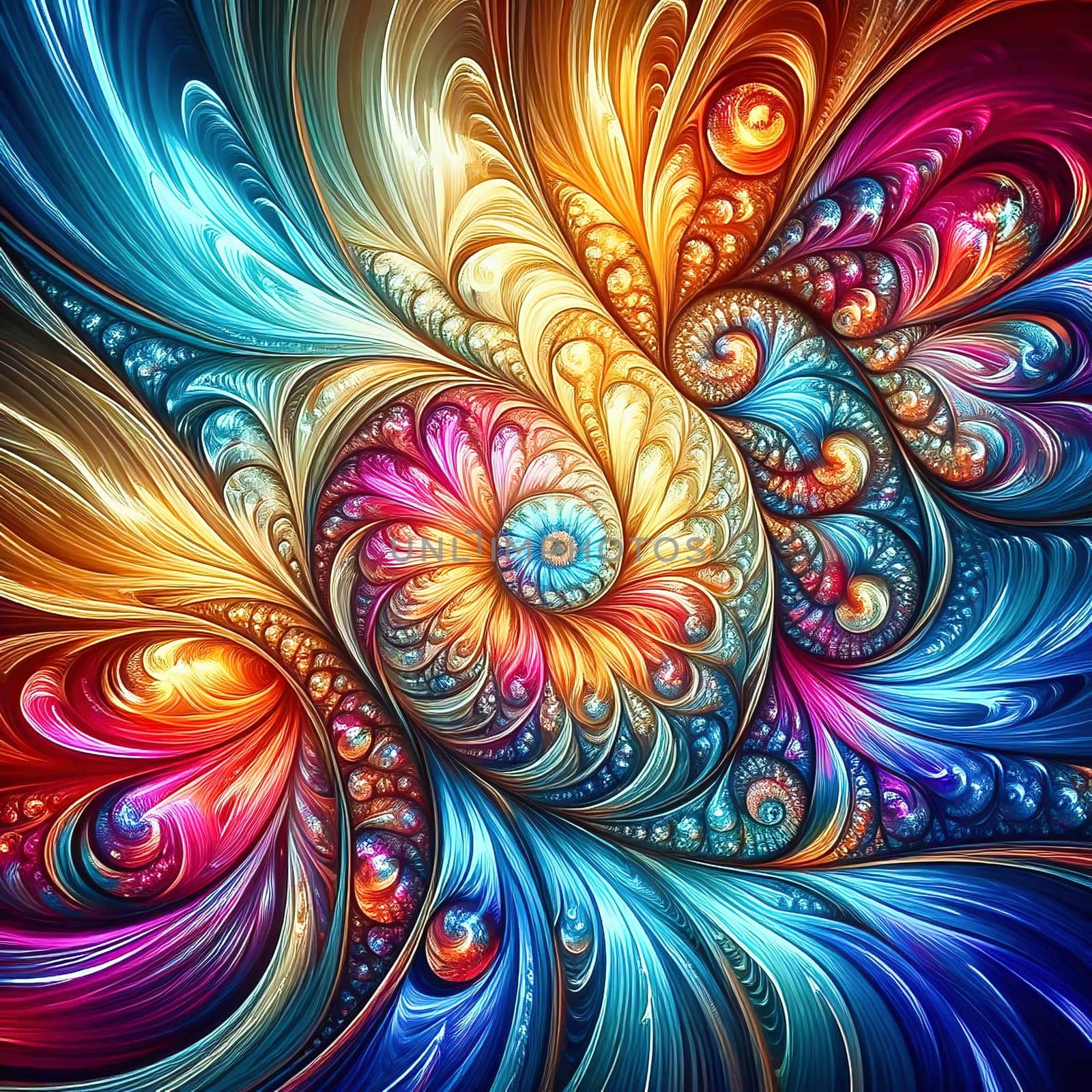 Abstract, colorful fractal art with flowing, wave-like patterns. Bright glass textures in blue, green and orange for modern designs and backgrounds.