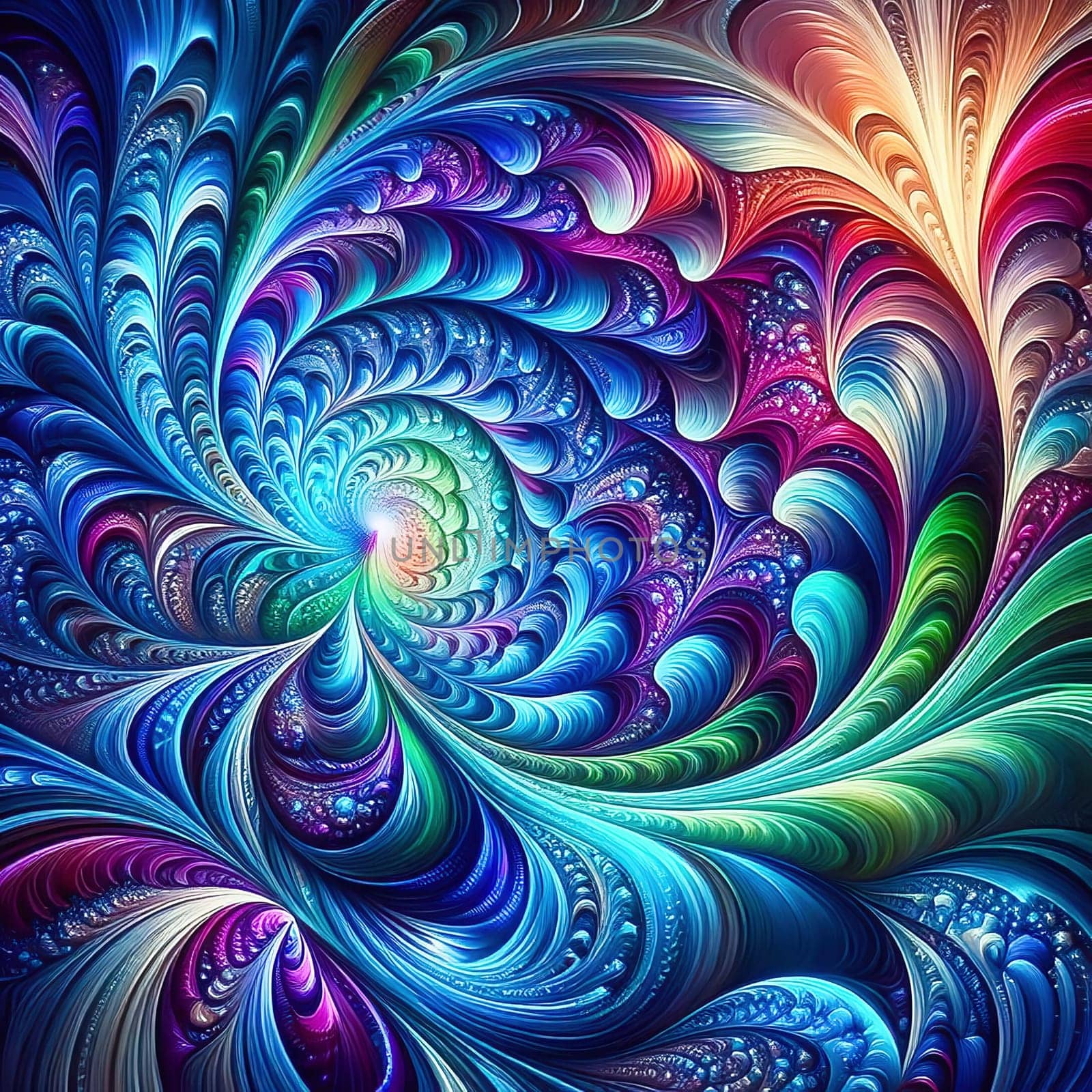 Abstract, colorful fractal art with flowing, wave-like patterns. Bright glass textures in blue, green and orange for modern designs and backgrounds.