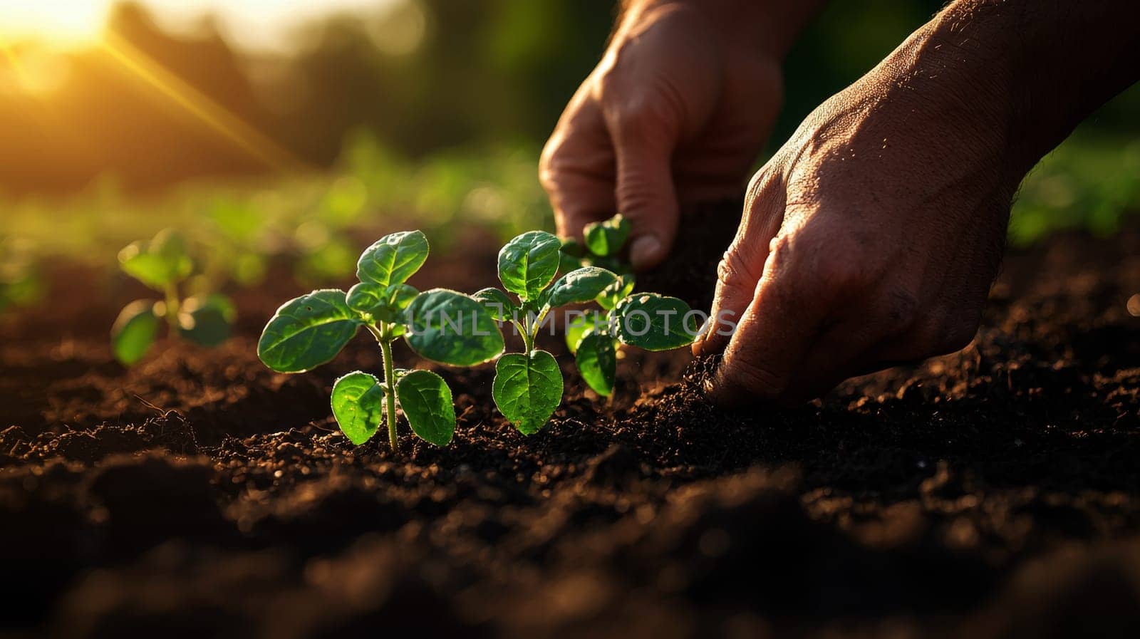 Closeup image of people preparing to grow a small plant tree with soil..