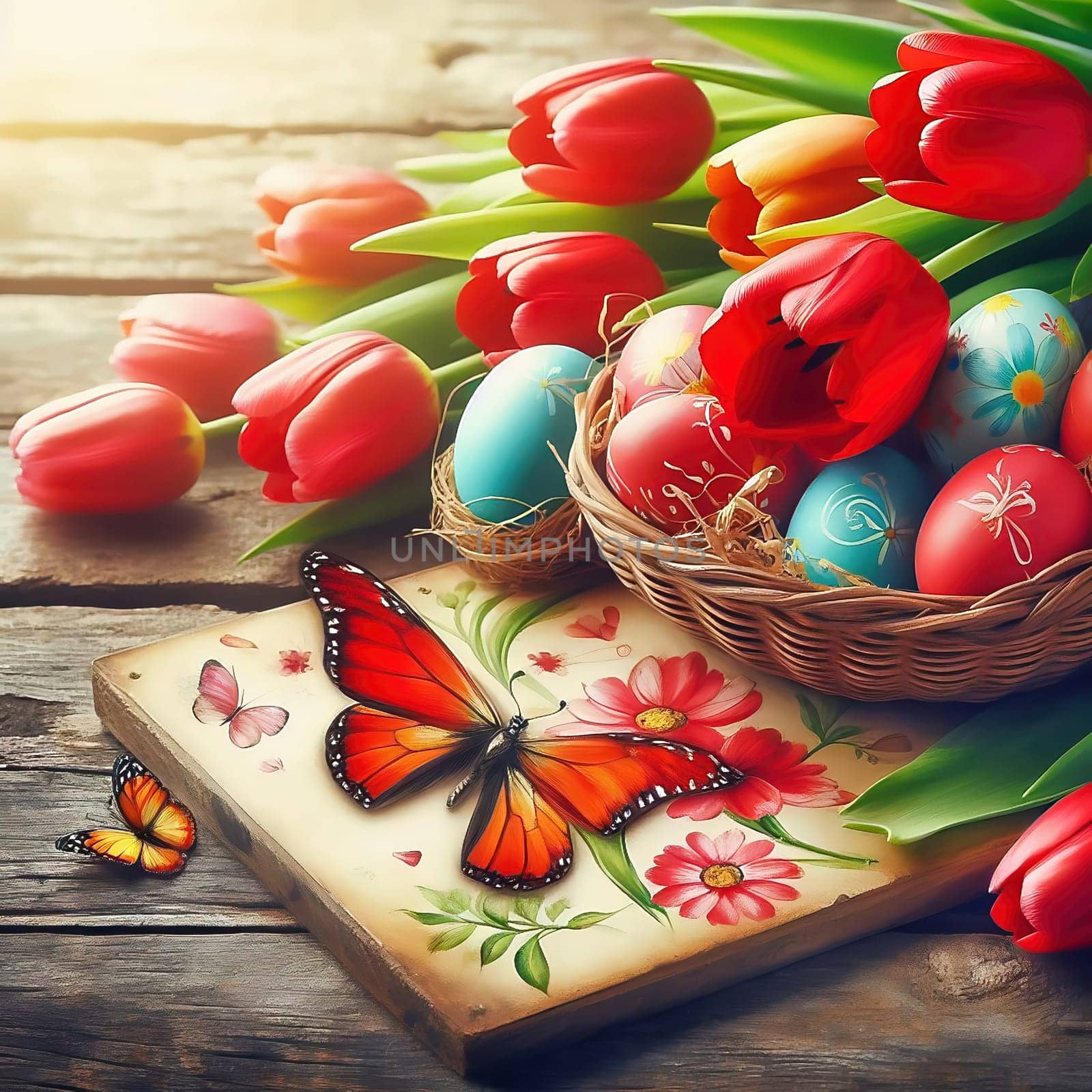Colorful tulips, decorated Easter eggs and butterflies on a rustic wooden table. Spring-like Easter decorations with vibrant colors and a festive atmosphere.