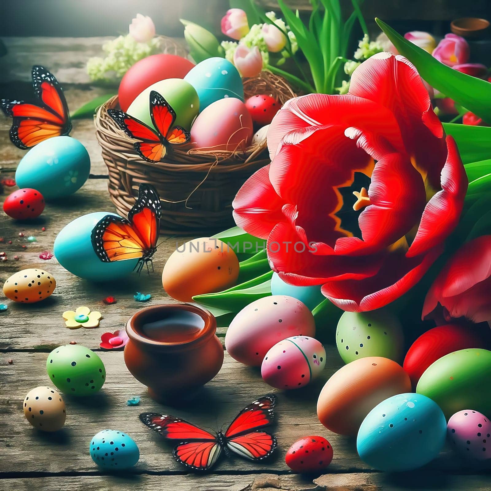 Colorful tulips, decorated Easter eggs and butterflies on a rustic wooden table. Spring-like Easter decorations with vibrant colors and a festive atmosphere.