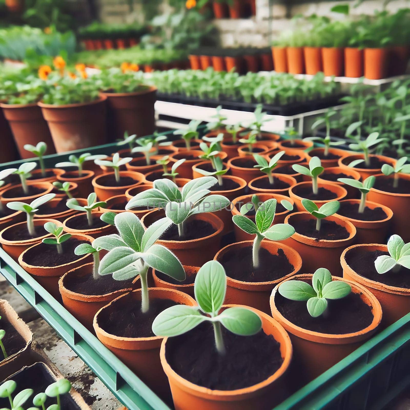 Young seedlings in terracotta pots, carefully arranged in a box. Fresh greenery under warm light - ideal for garden lovers and nature enthusiasts.