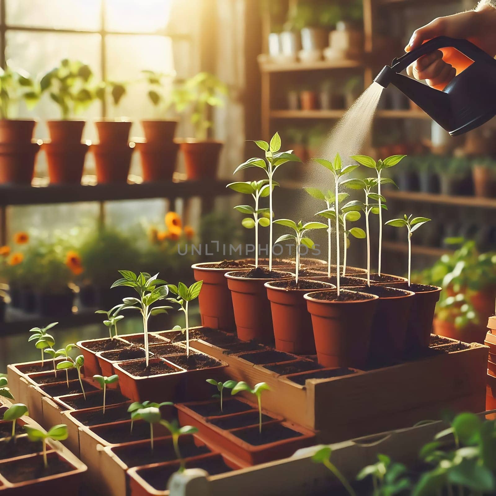 Young seedlings in terracotta pots, carefully arranged in a box. Fresh greenery under warm light - ideal for garden lovers and nature enthusiasts.
