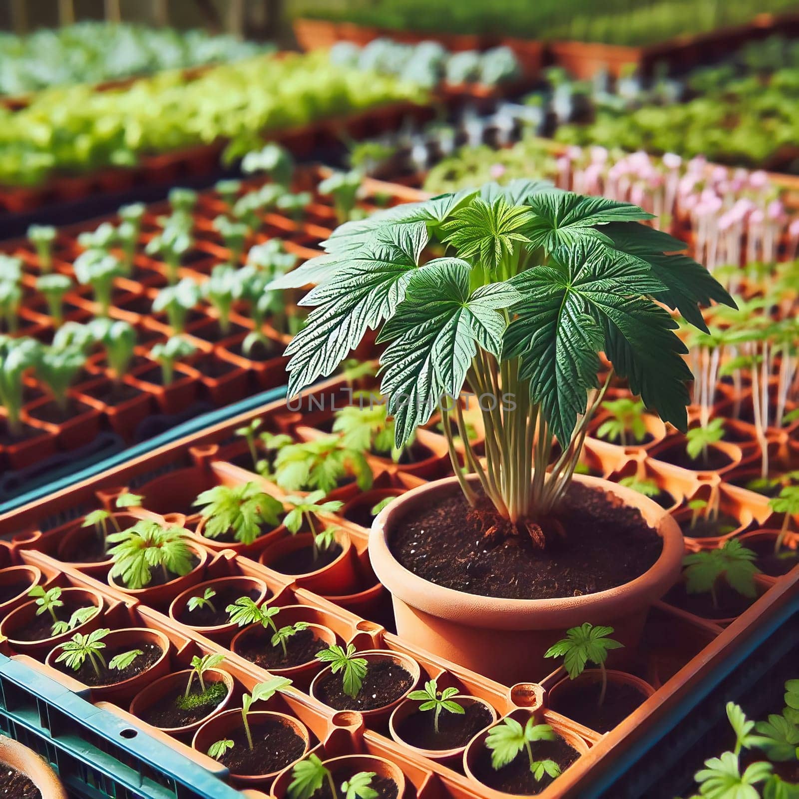 Young seedlings in terracotta pots, carefully arranged in a box. Fresh greenery under warm light - ideal for garden lovers and nature enthusiasts.