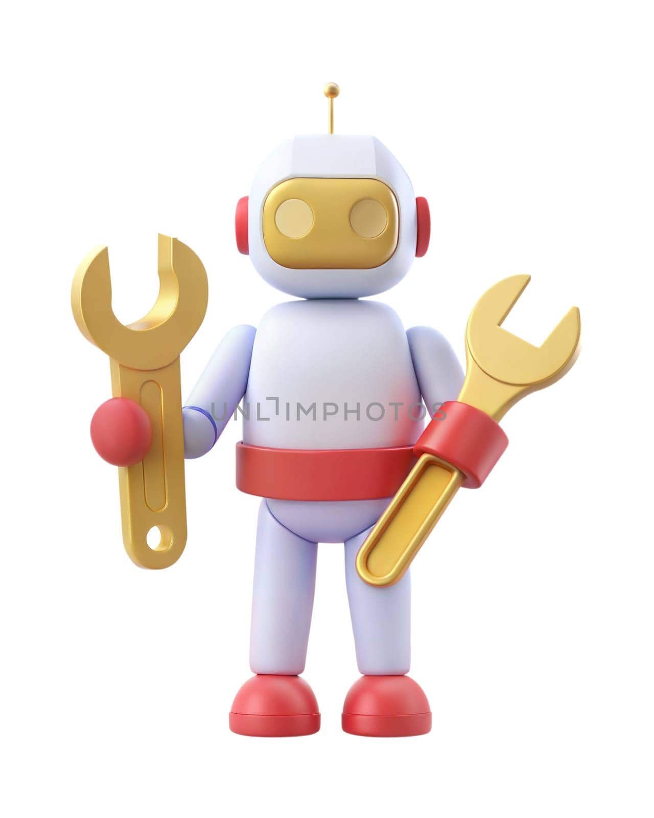 A 3D futuristic robot holding two wrenches, isolated on a white background. Perfect for illustrating mechanical work, repair, or technology.