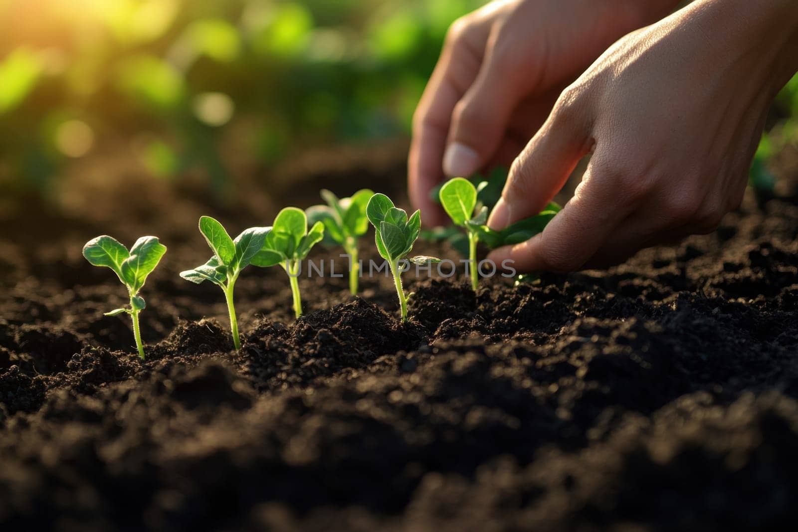 Closeup image of people preparing to grow a small plant tree with soil..