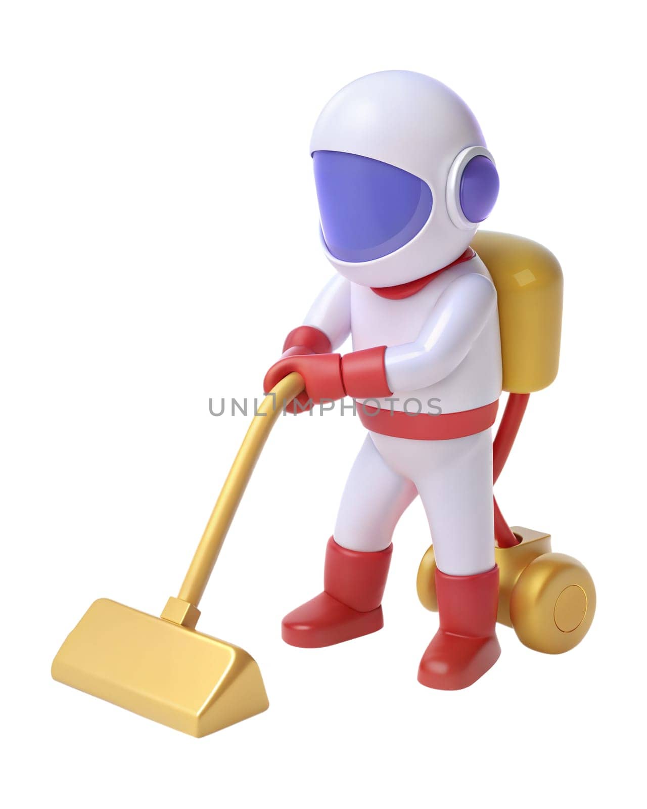A glossy futuristic robot with a vacuum cleaner, isolated on white background. Perfect for technology, cleaning, and space themes.
