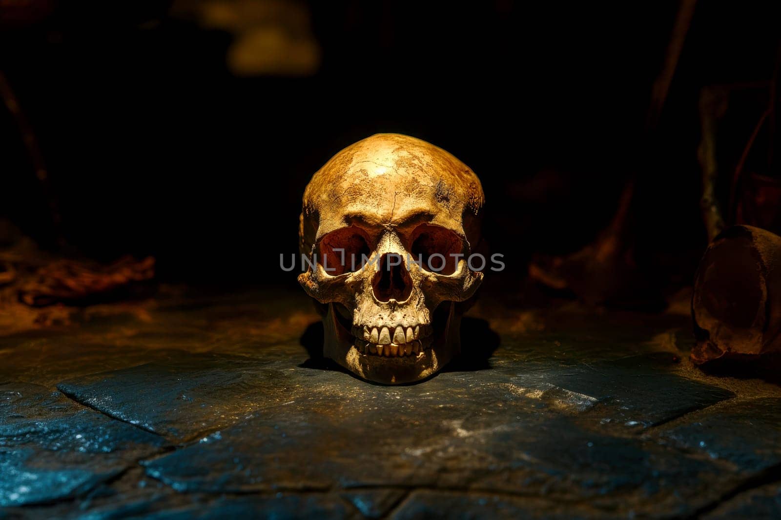 close up view of a human skull placed on a isolated dark background..