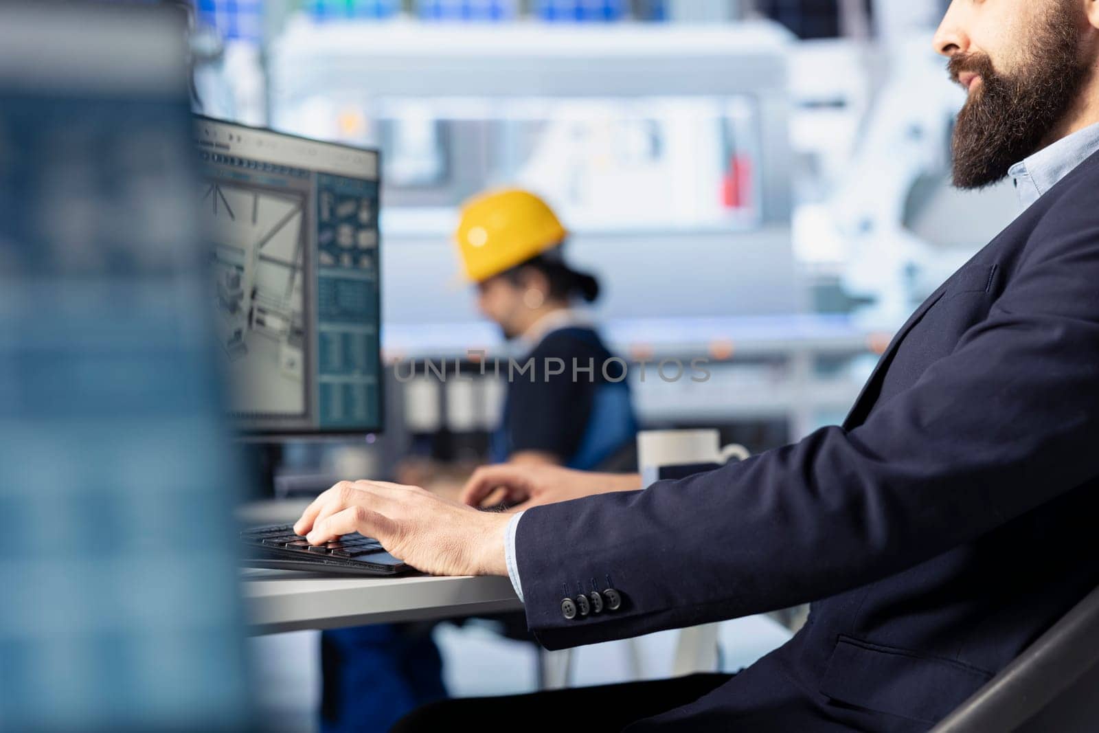 Solar panels manufacturing plant worker analyzing performance data and optimizing efficiency. Photovoltaics factory engineer working on innovative solar cells design prototype