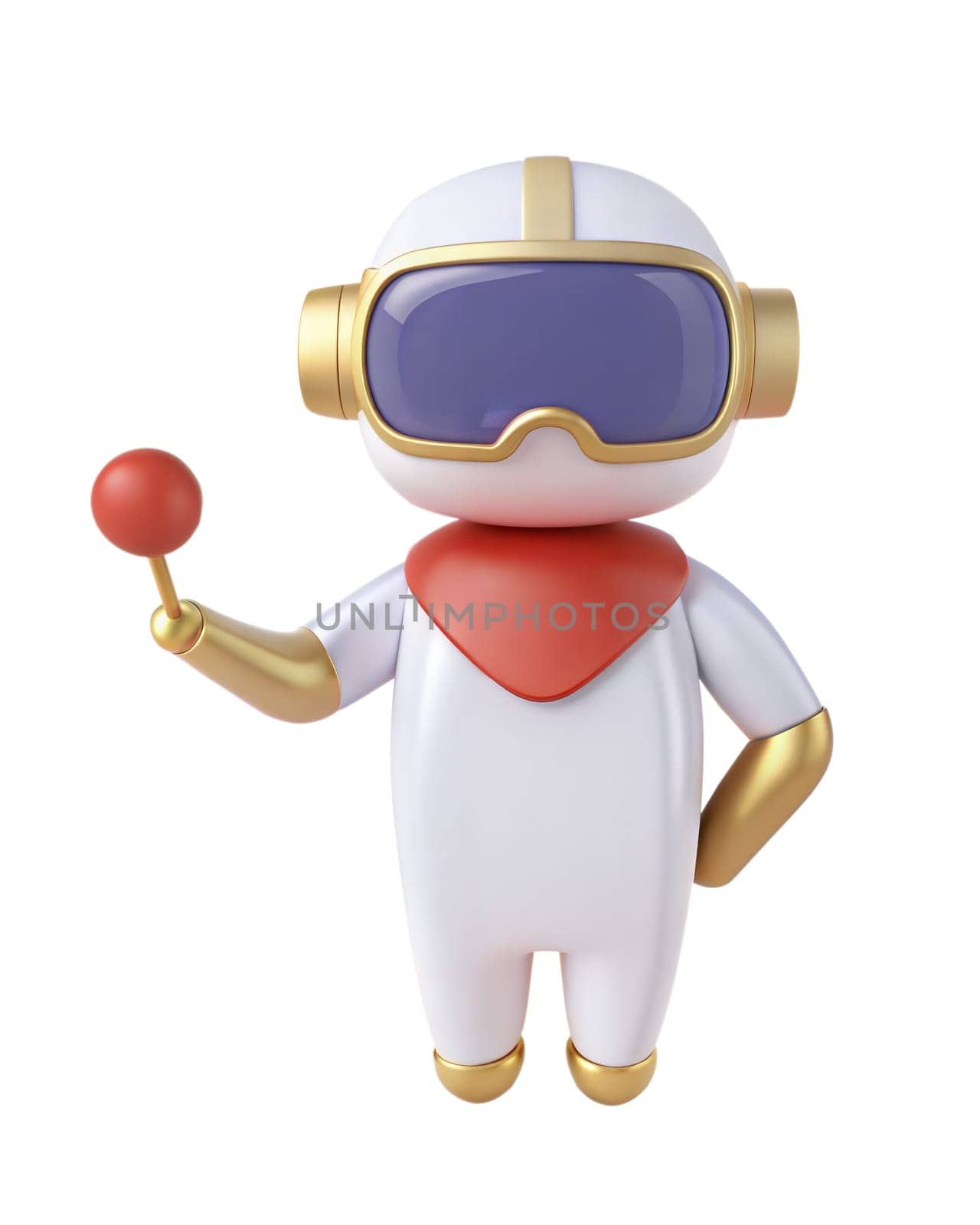 A 3D futuristic robot with VR goggles and golden details, waving, isolated on white background. Perfect for technology, space, and character-themed projects.
