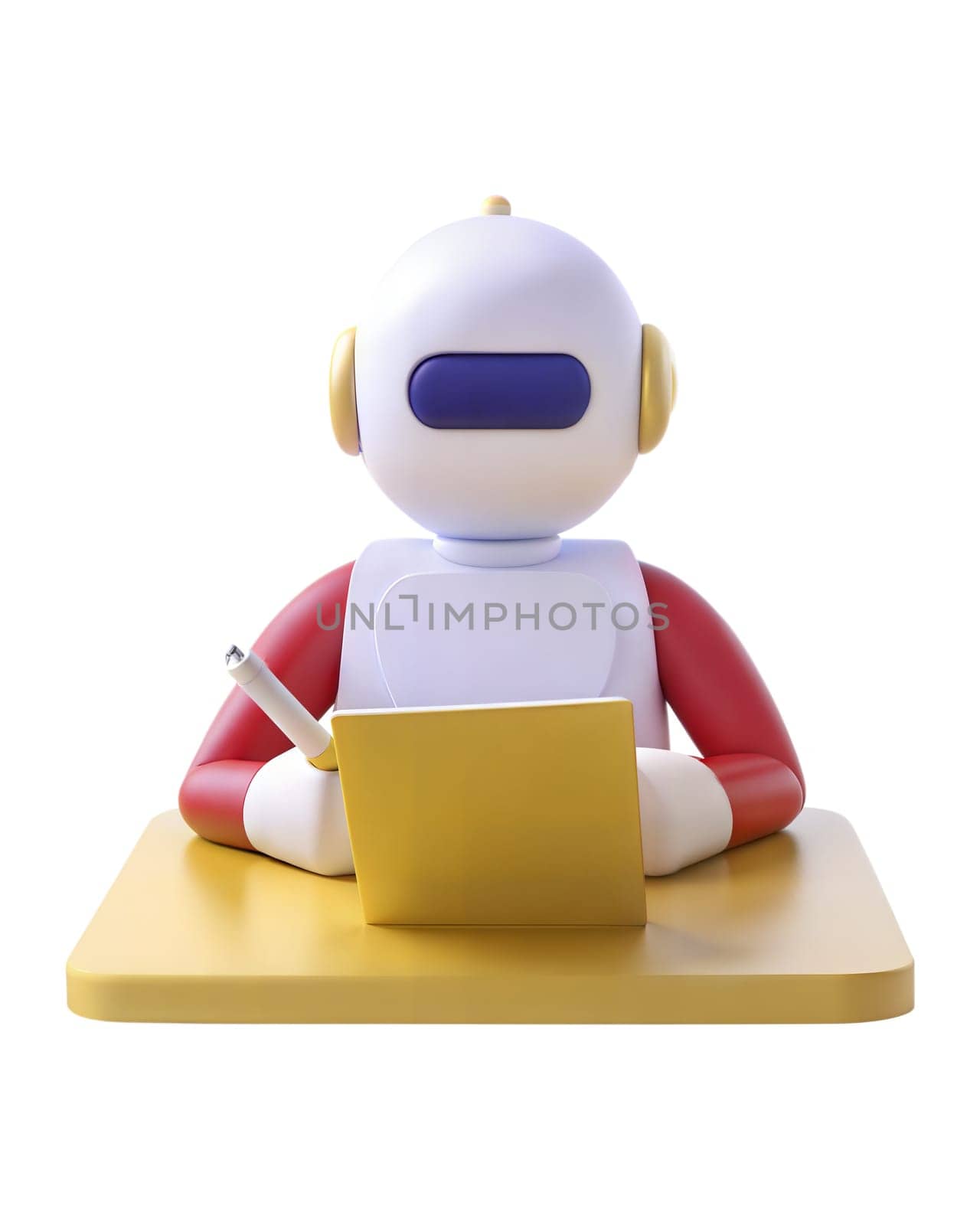 A 3D futuristic robot sitting at a yellow desk, writing in a notebook, isolated on white background. Perfect for productivity, education, and technology-themed projects.
