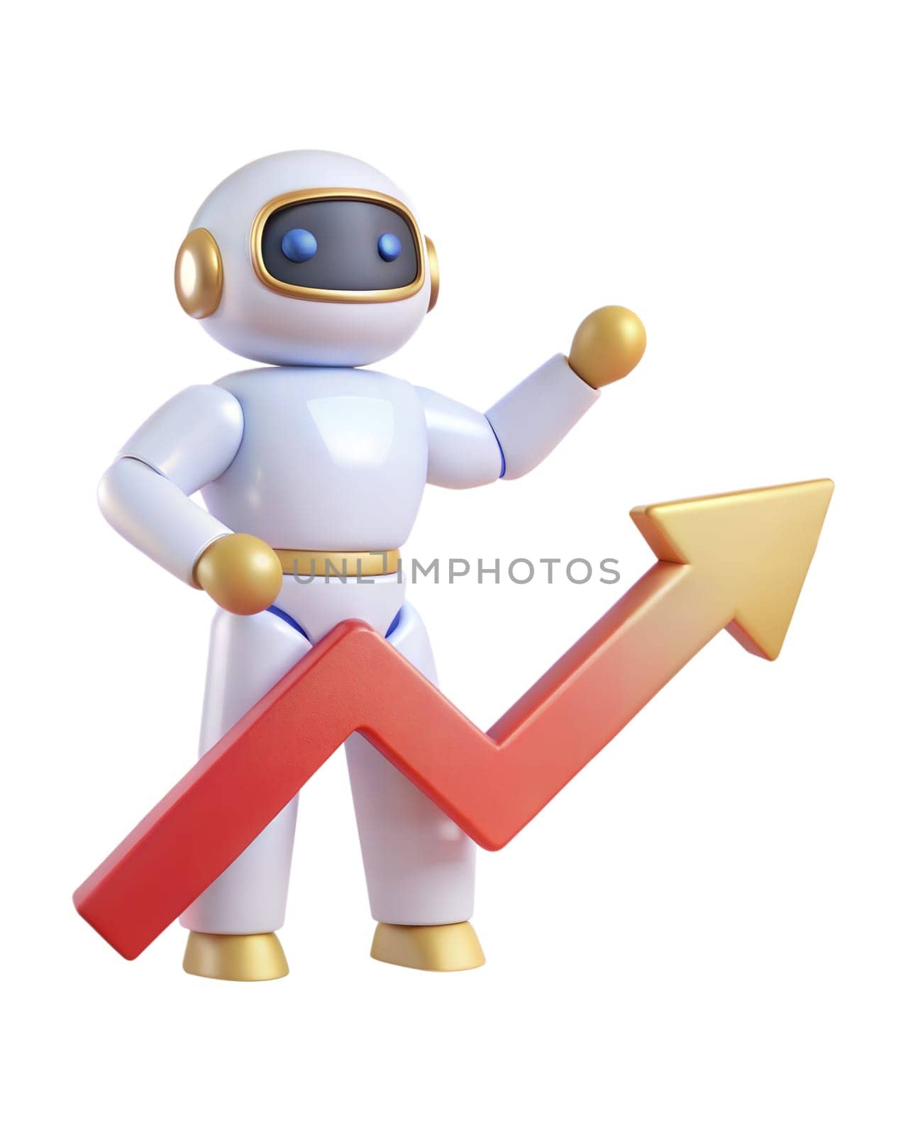 A 3D futuristic robot pointing at a red growth chart, isolated on white background. Perfect for business, technology, and progress-related themes.