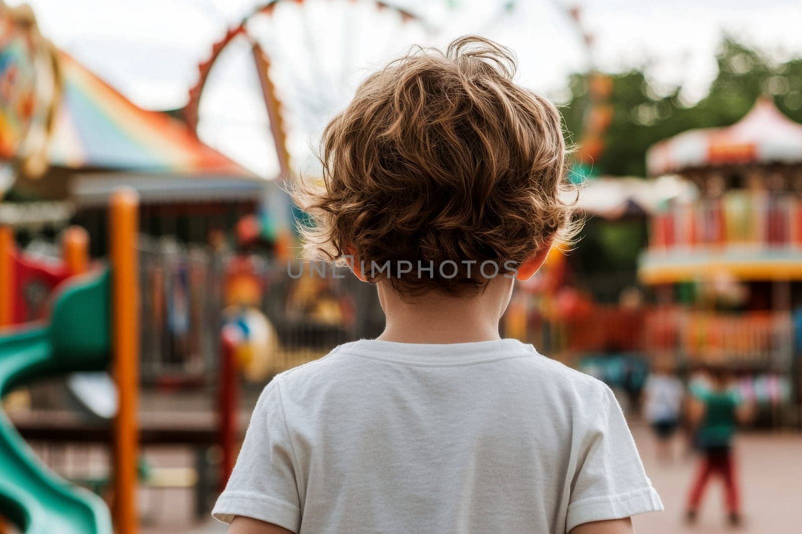 reaa shot A child stands at a vibrant playground, viewing the colorful slides..